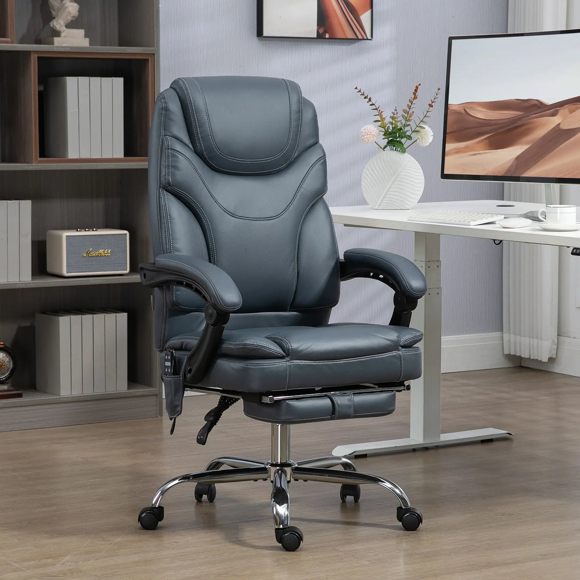 6 Point Vibration Massage Office Chair, PU Leather, Heated, Reclining, Grey Massage Chairs at Gallery Canada