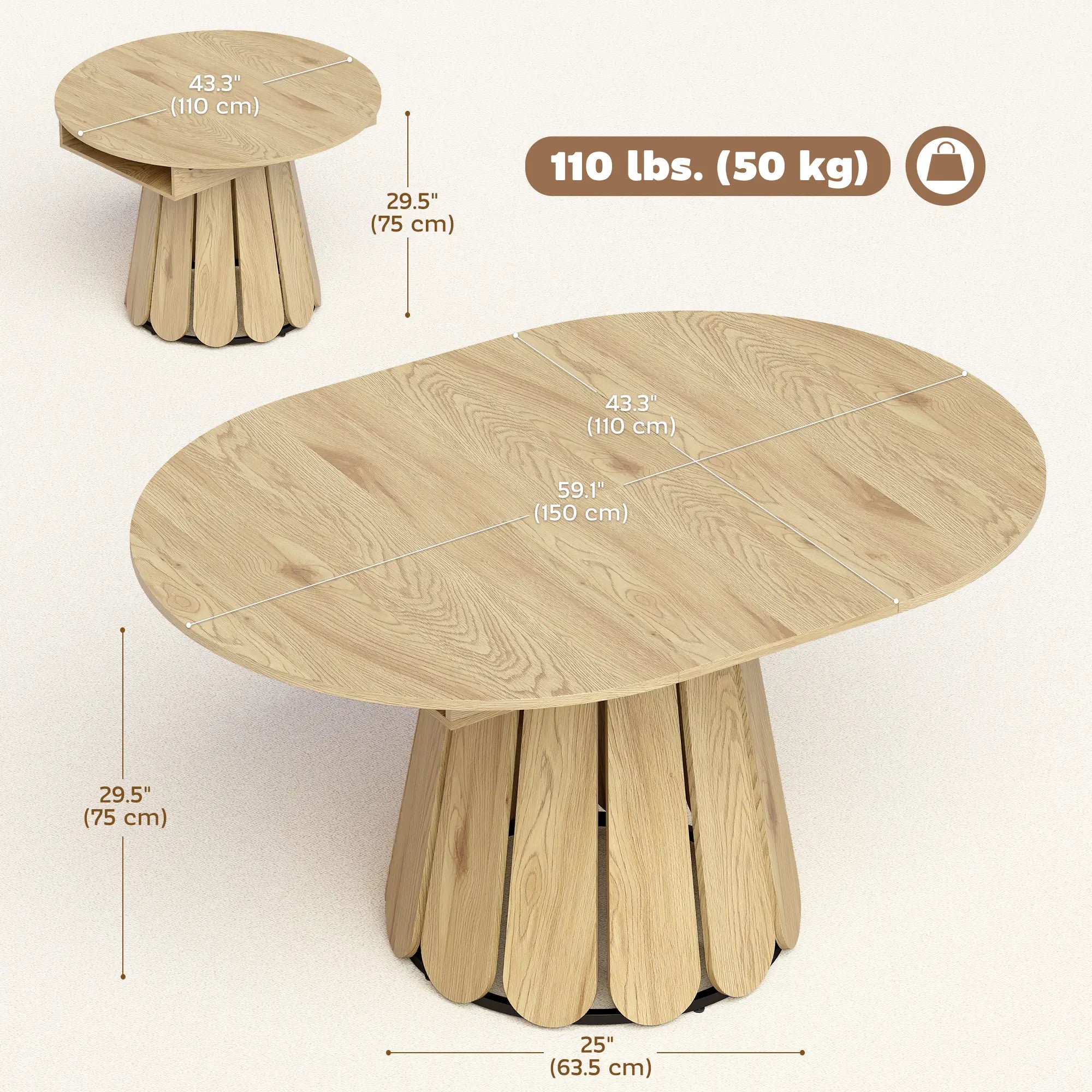 Extendable Round To Oval Dining Table With Storage Shelf, Natural Dining Tables at Gallery Canada