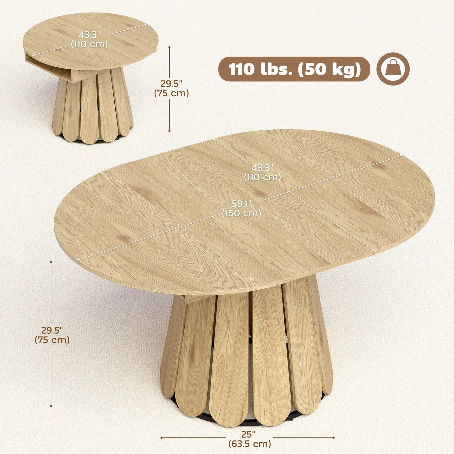 Extendable Round To Oval Dining Table With Storage Shelf, Natural Dining Tables at Gallery Canada