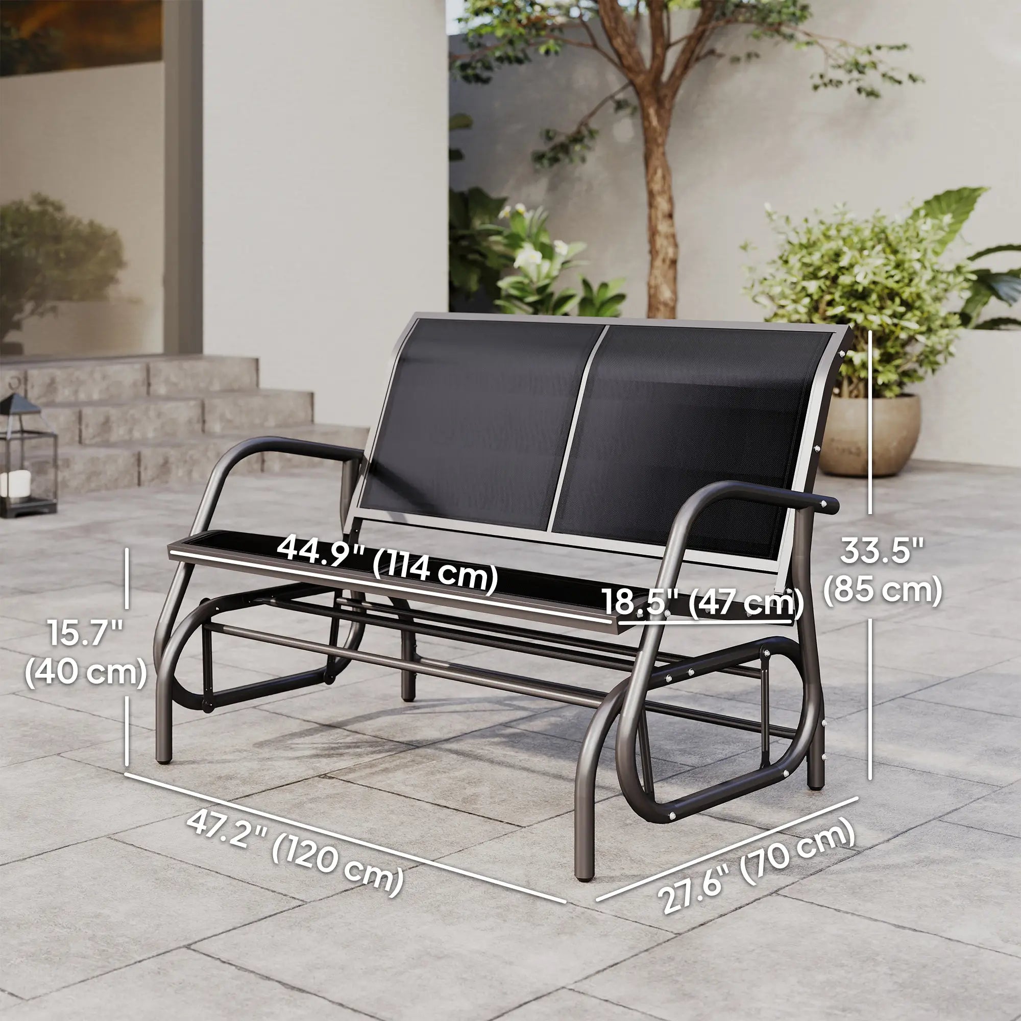 Double Glider Bench Swing, Heavy-Duty Steel Frame, Sling Fabric Seat, Black Outdoor Gliders at Gallery Canada
