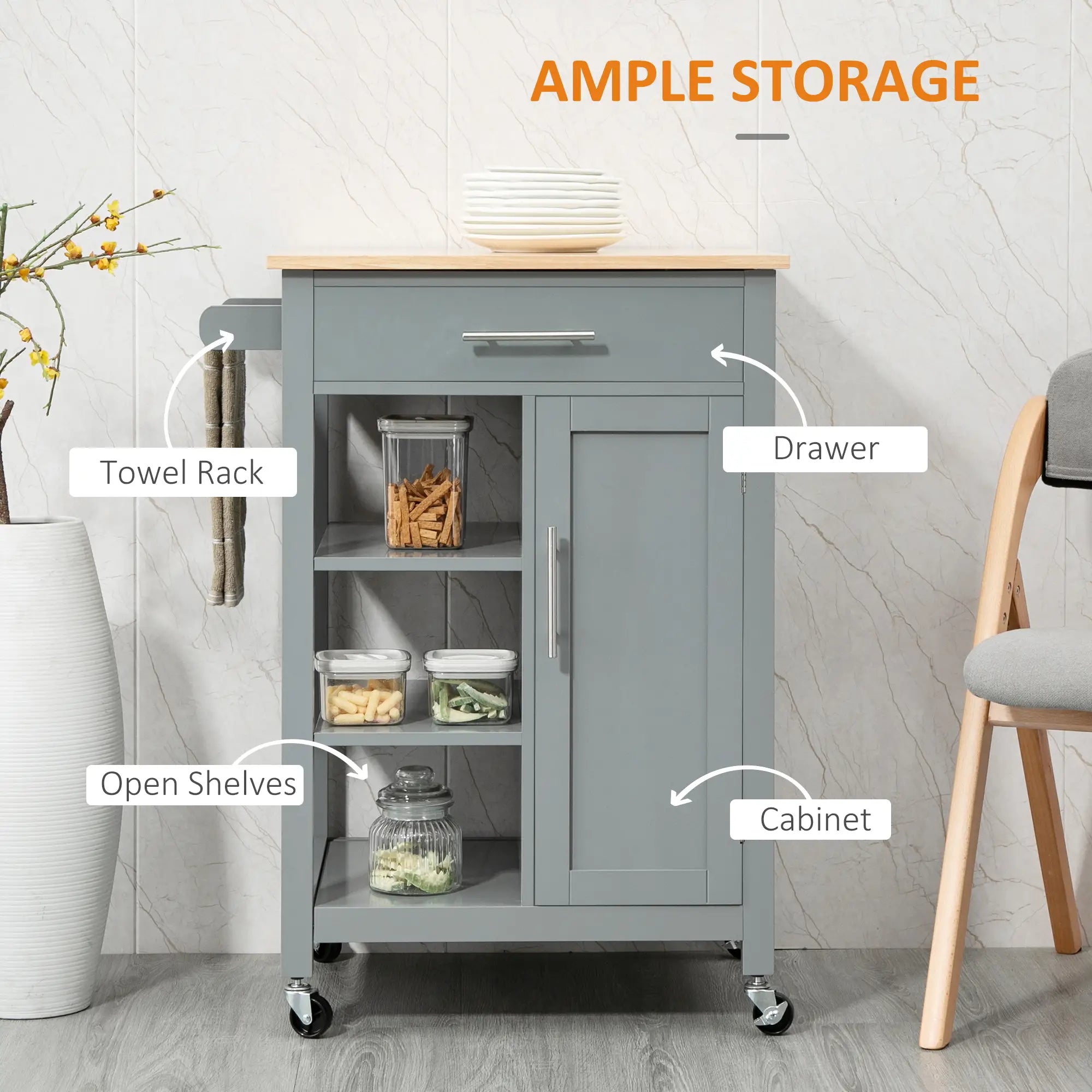 Compact Kitchen Cart on Wheels, Open Shelf, Storage Drawer, Grey Kitchen Islands & Kitchen Carts at Gallery Canada
