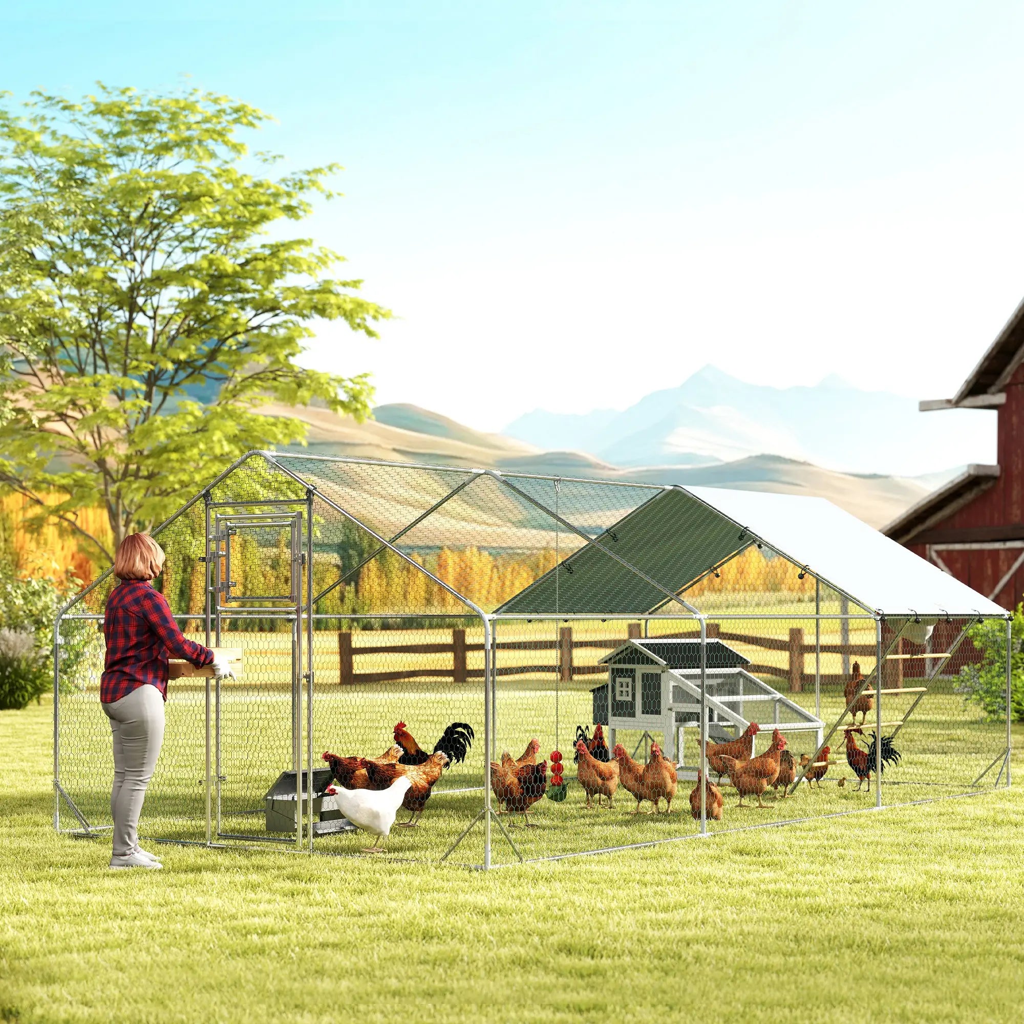 Large Metal Chicken Run, Waterproof UV-Resistant Cover, Feeding Door, Hanging Feeder, Perch, 18-24 Chickens Chicken Coops at Gallery Canada