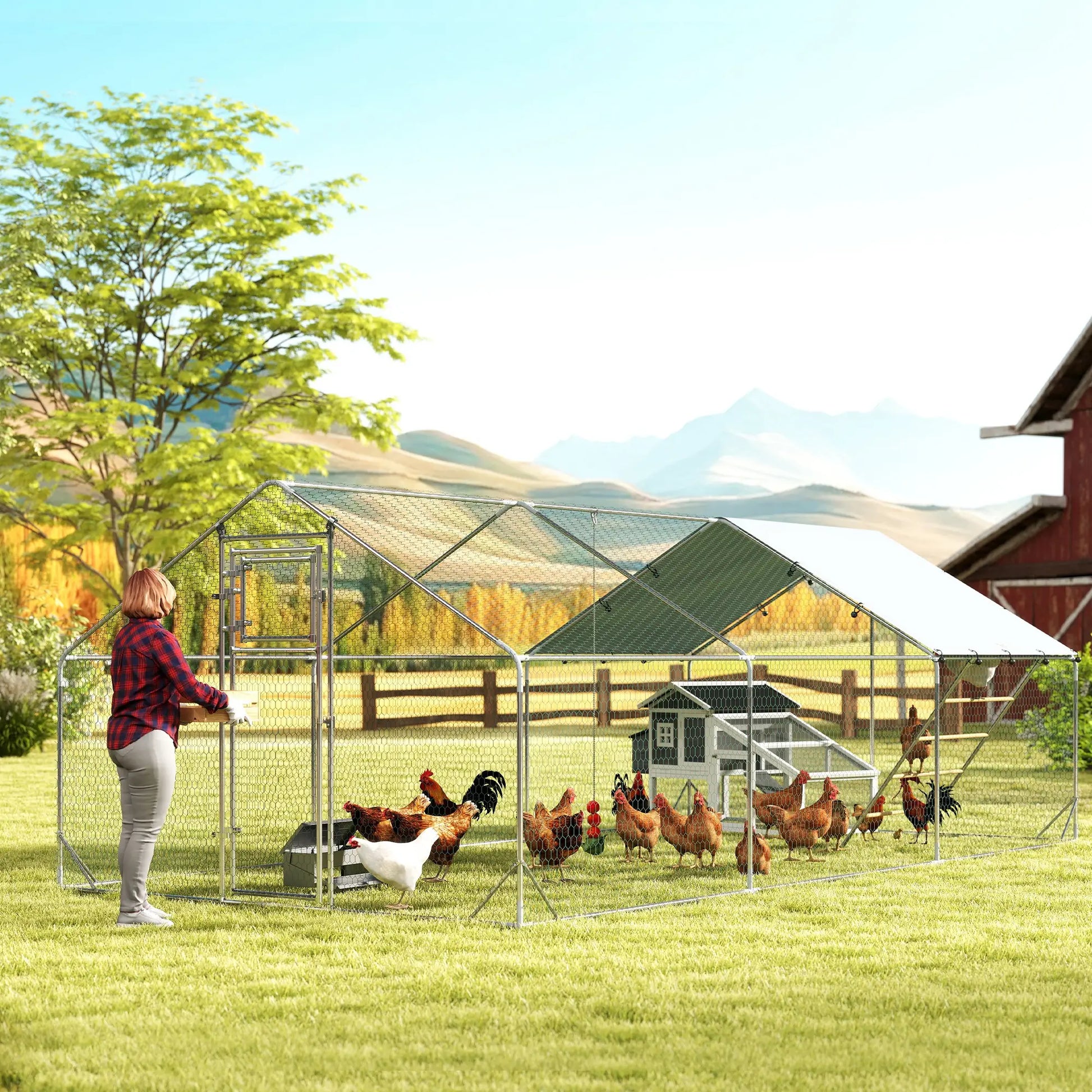 Large Metal Chicken Run, Waterproof UV-Resistant Cover, Feeding Door, Hanging Feeder, Perch, 18-24 Chickens Chicken Coops at Gallery Canada