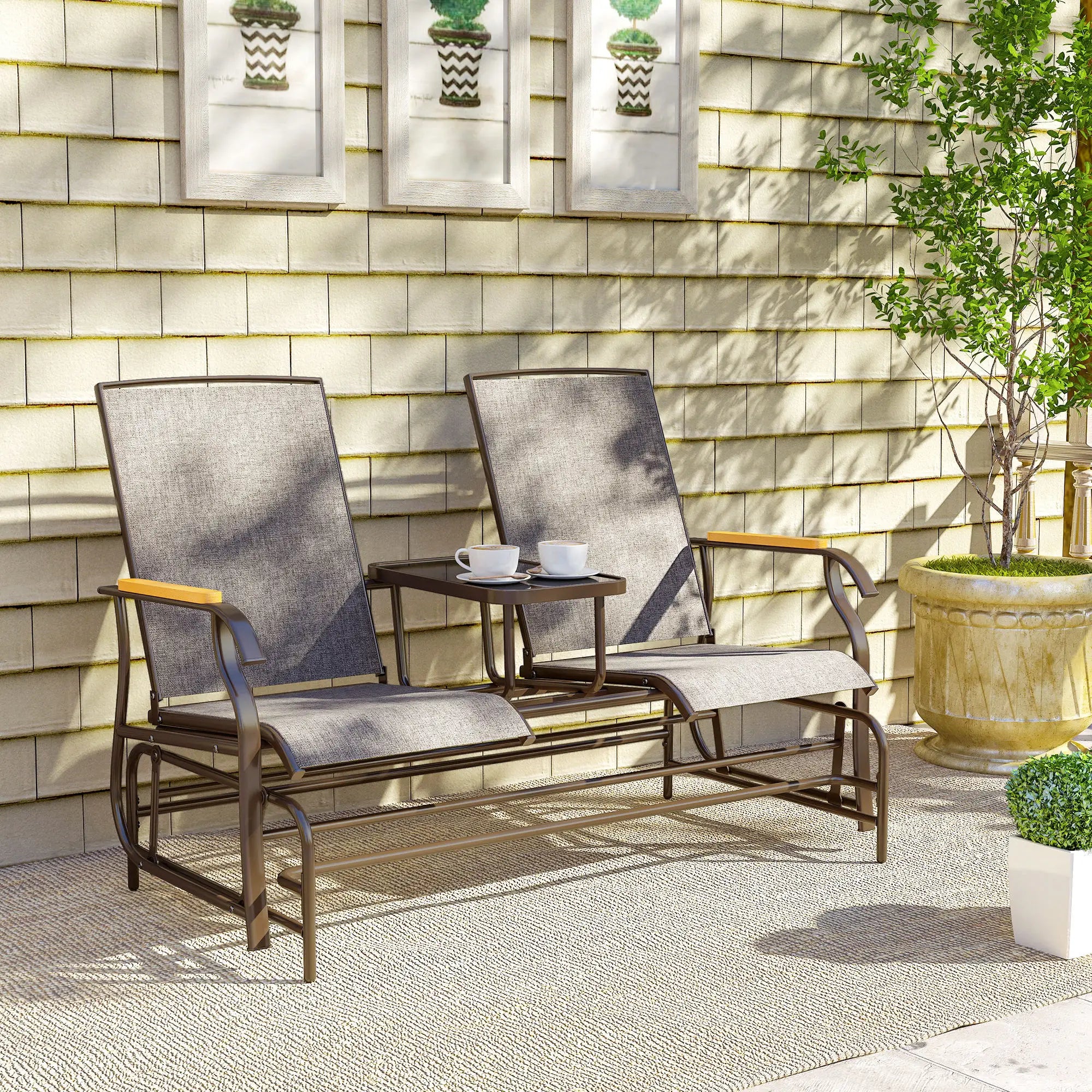2-Person Glider Bench, Outdoor Mesh Loveseat with Table Outdoor Gliders at Gallery Canada