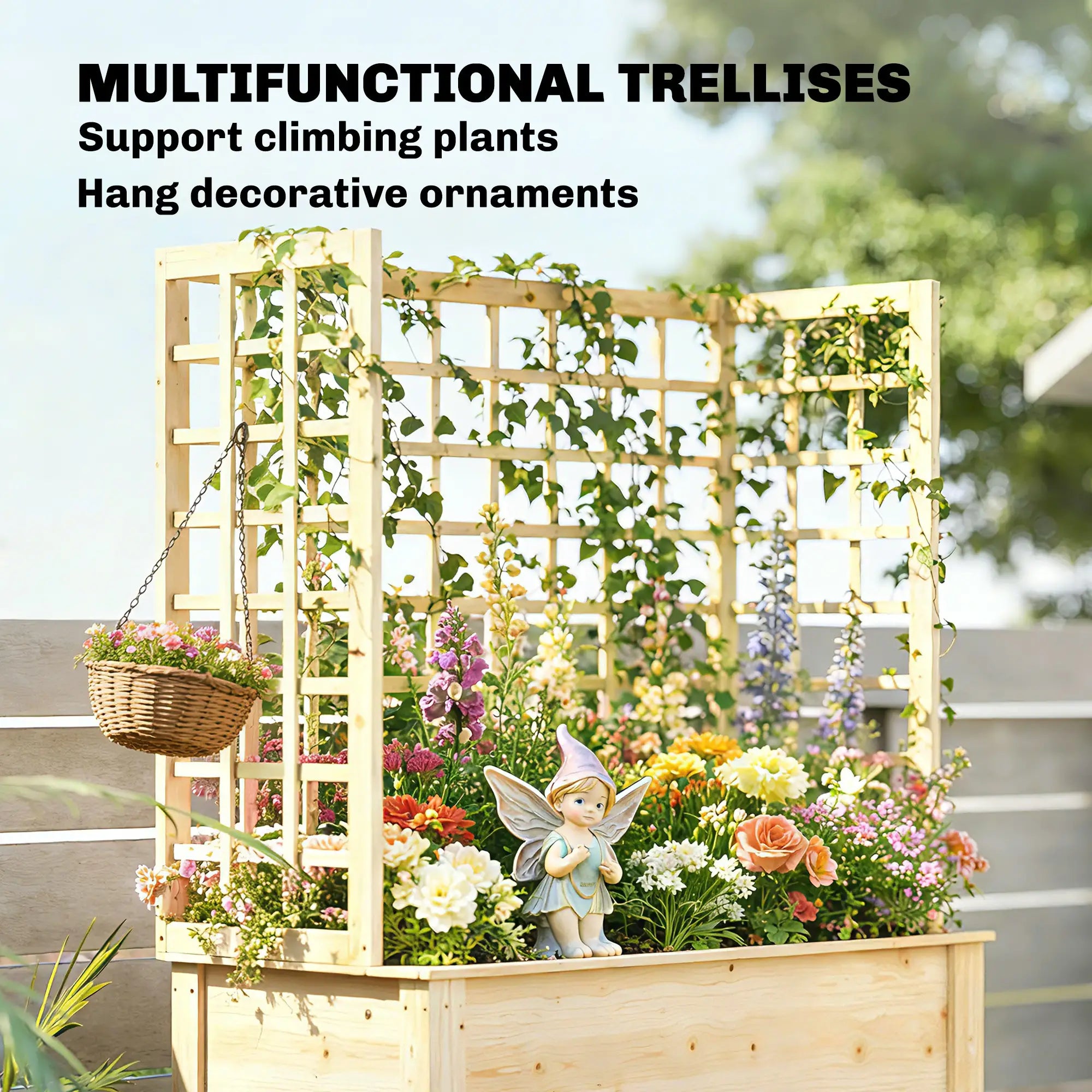 Wooden Raised Garden Bed With 3 Trellises, Planter With Drainage Holes Elevated Garden Beds at Gallery Canada