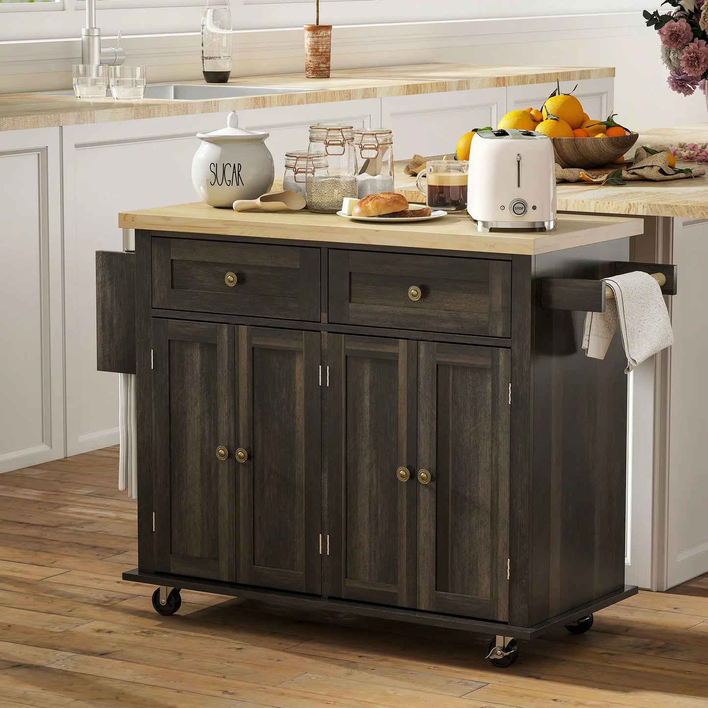 Kitchen Island with Storage, Rolling Cart, Rubber Wood Top, Brown Oak, Brown Kitchen Islands & Kitchen Carts at Gallery Canada