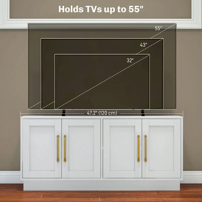 Modern TV Stand for 55" TV, Cabinet with 4 Doors, 2 Shelves, White TV Stands at Gallery Canada