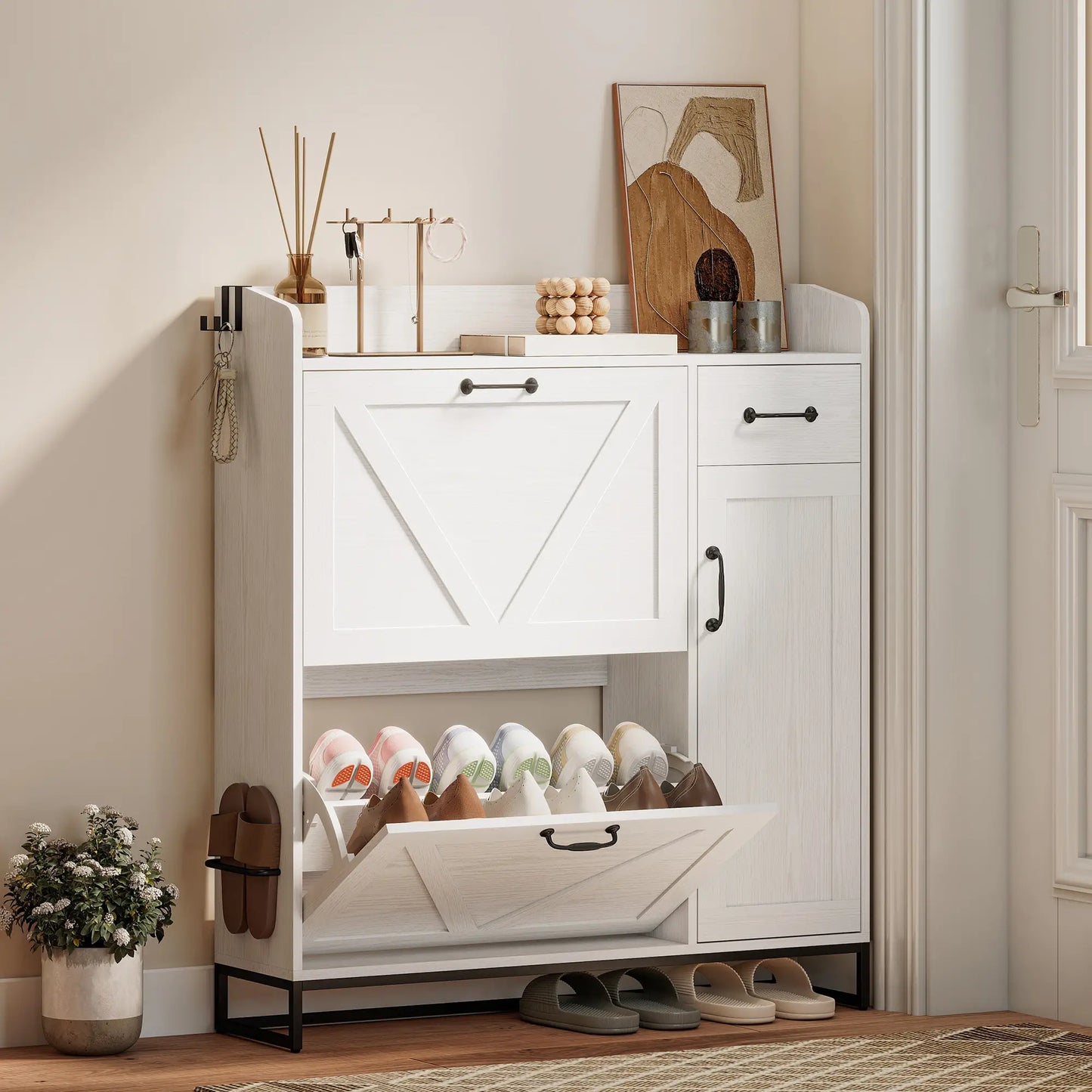 Farmhouse Shoe Storage Cabinet, Holds 12 Pairs, Adjustable Shelves, White Shoe Storage Cabinets & Racks at Gallery Canada