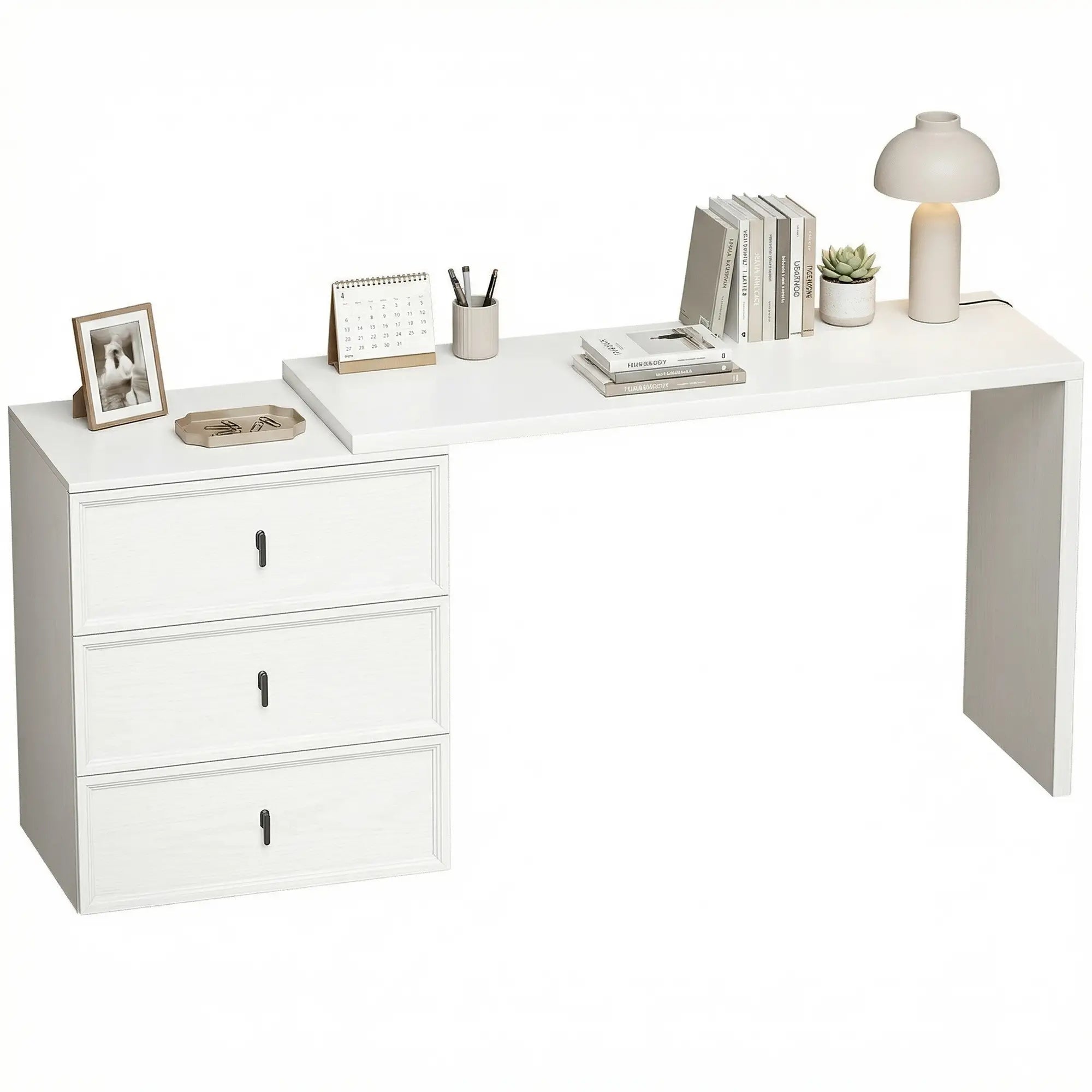 L Shaped Computer Desk, 3 Drawers, White Wood Grain, White Computer Desks White Wood Grain at Gallery Canada