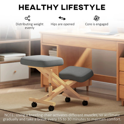 Ergonomic Kneeling Chair, Rubberwood Frame, Wheels, Dark Grey
