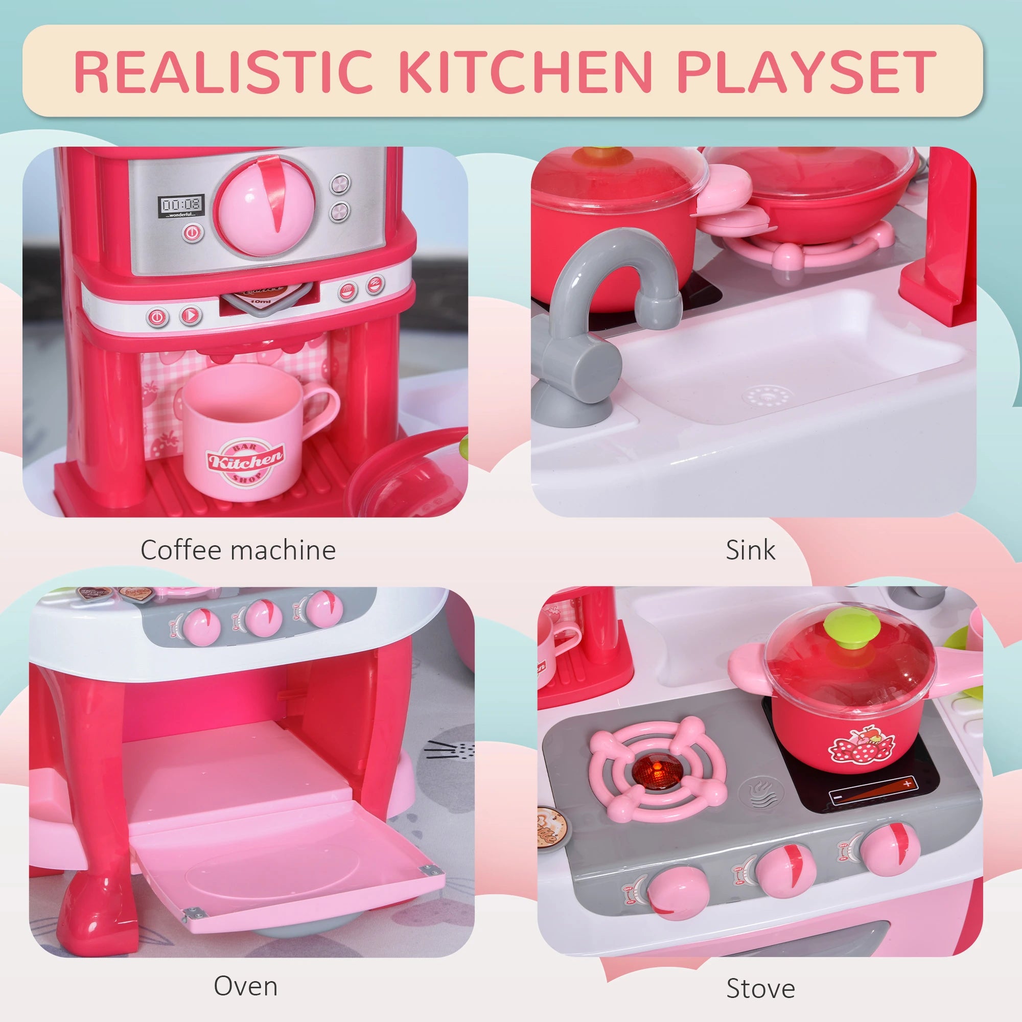 Kids Kitchen Playset, Pretend Toy with Light, Sound, 38Pcs, Pink Play Kitchen at Gallery Canada