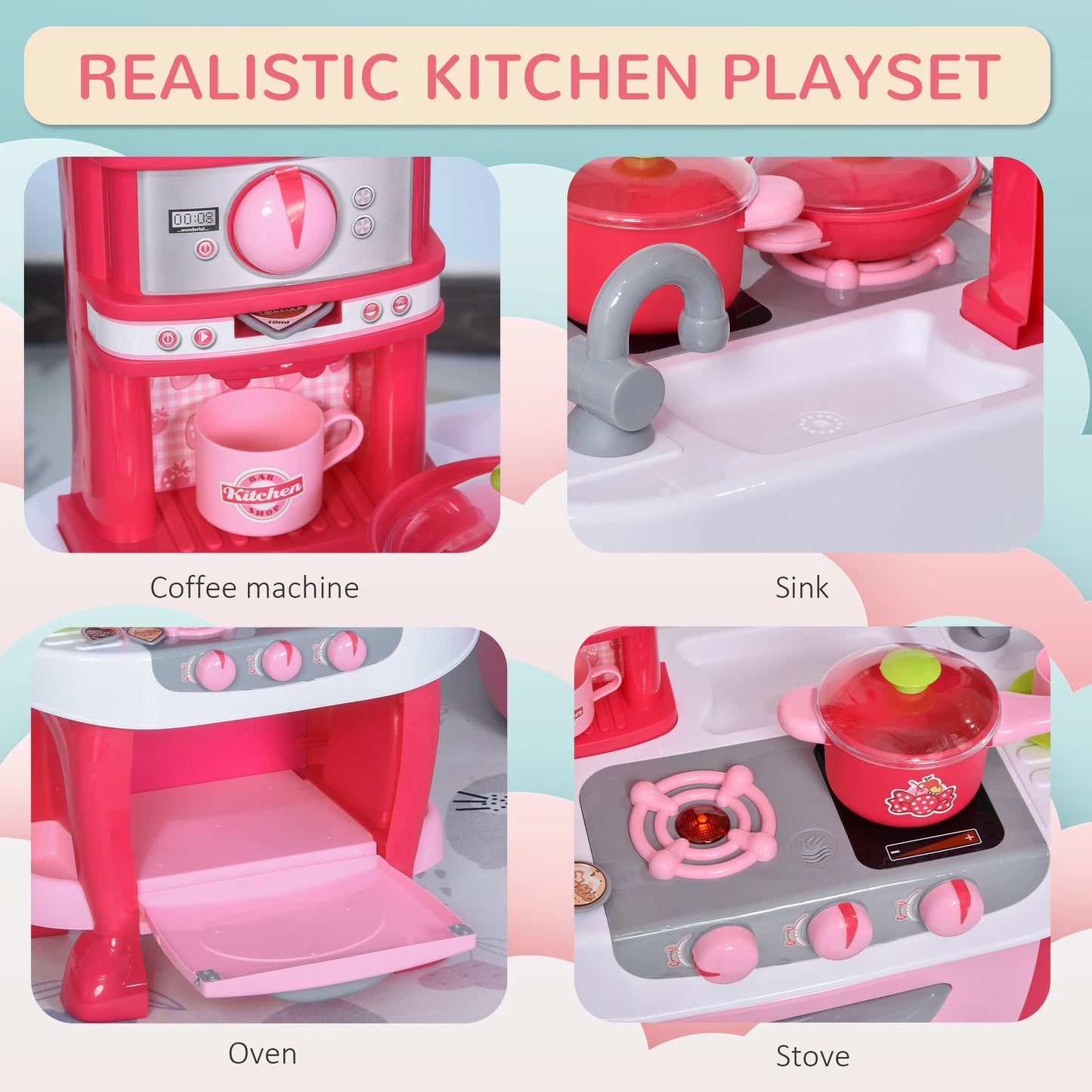 Kids Kitchen Playset, Pretend Toy with Light, Sound, 38Pcs, Pink Play Kitchen at Gallery Canada
