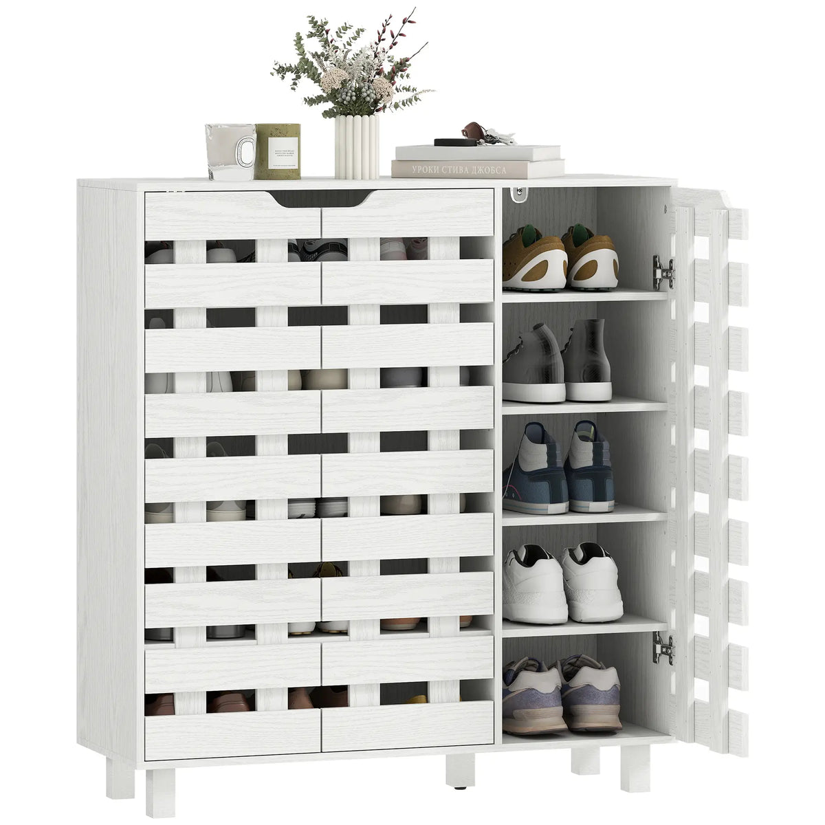Shoe Cabinet, 21 Pair Storage with Hollowed-Out Doors, White Shoe Storage Cabinets & Racks at Gallery Canada