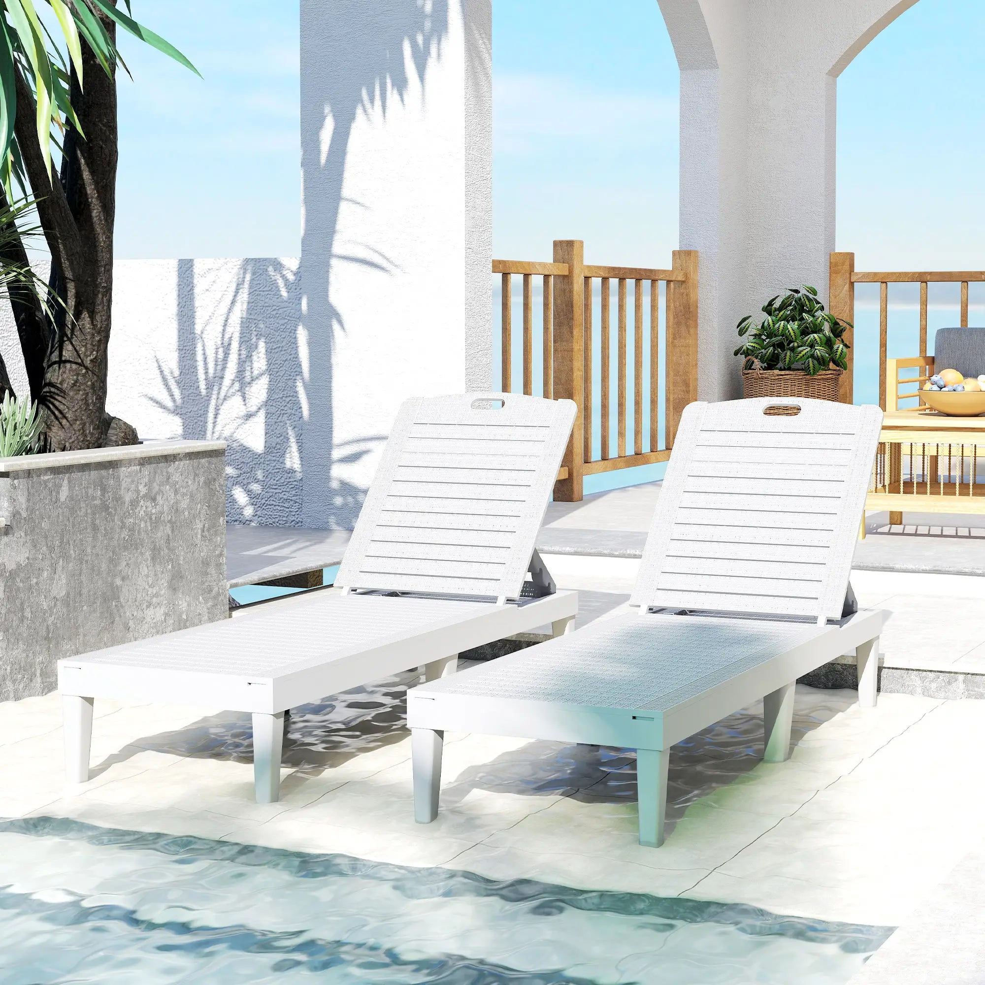 Waterproof Resin Lounge Chairs, Set of 2, 4-Position Adjustable Backrest, White Lounger Chairs at Gallery Canada