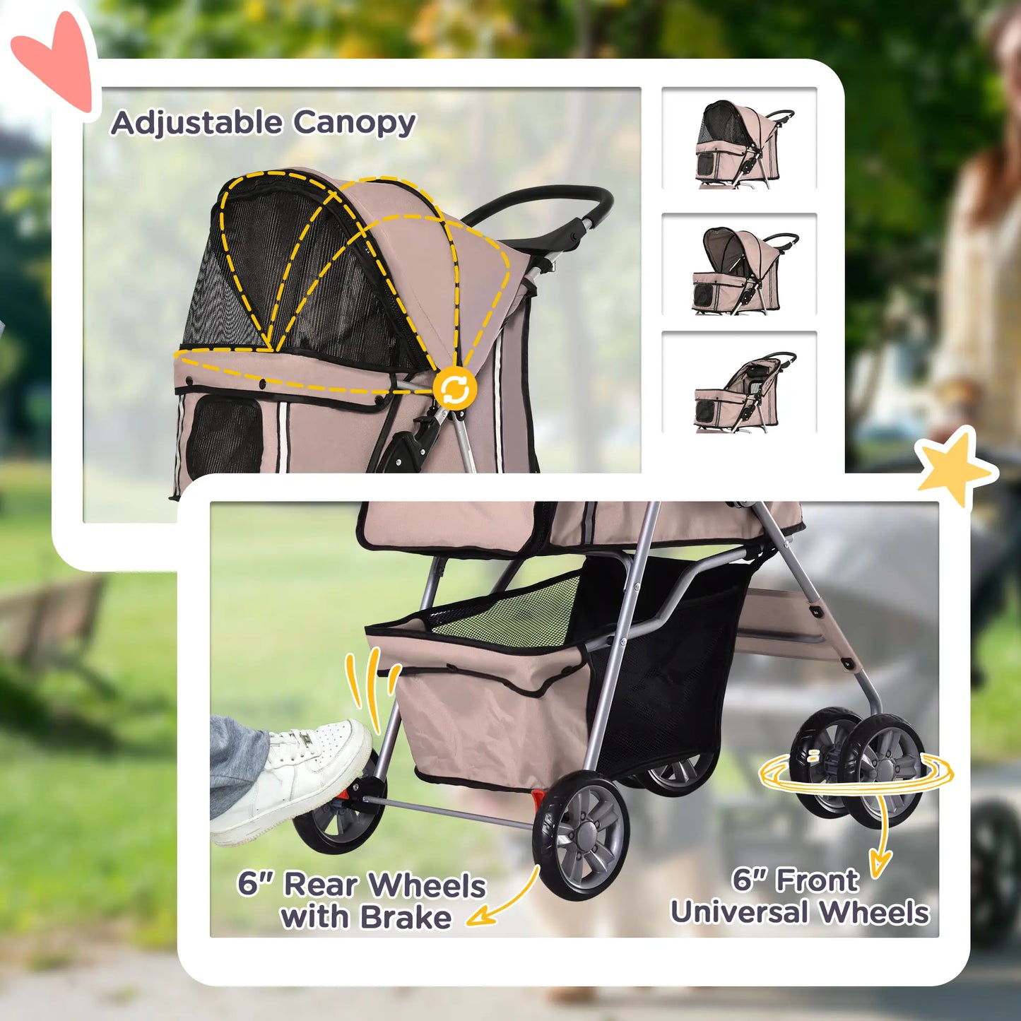 4 Wheel Dog Pet Stroller, Folding Sunshade Canopy, Brake, Safety Leash, Cup Holder, Brown Dog Bike Trailers & Strollers at Gallery Canada