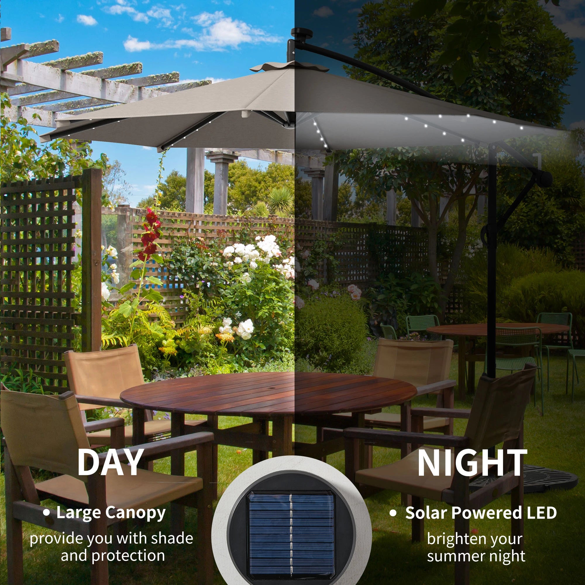 10ft Outdoor Cantilever Umbrella, Solar Lights, Adjustable Angle, Khaki Cantilever Umbrellas at Gallery Canada