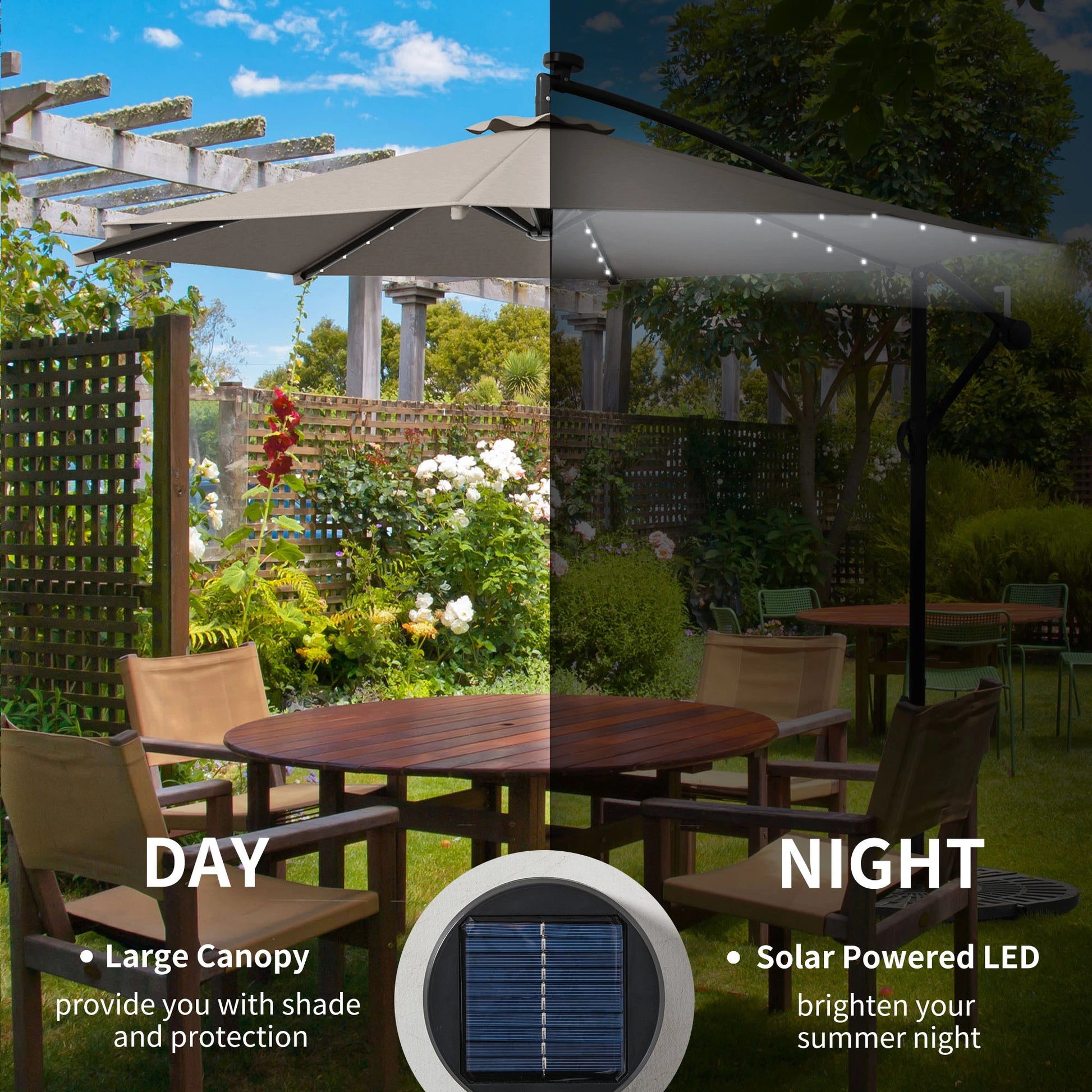 10ft Outdoor Cantilever Umbrella, Solar Lights, Adjustable Angle, Khaki Cantilever Umbrellas at Gallery Canada