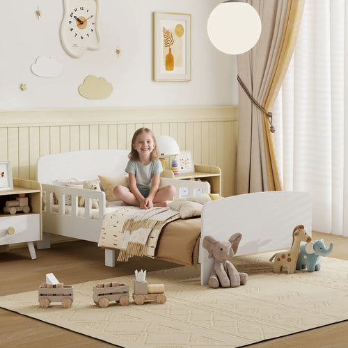 Toddler Bed with Safety Rails, Kids Bed Frame, White