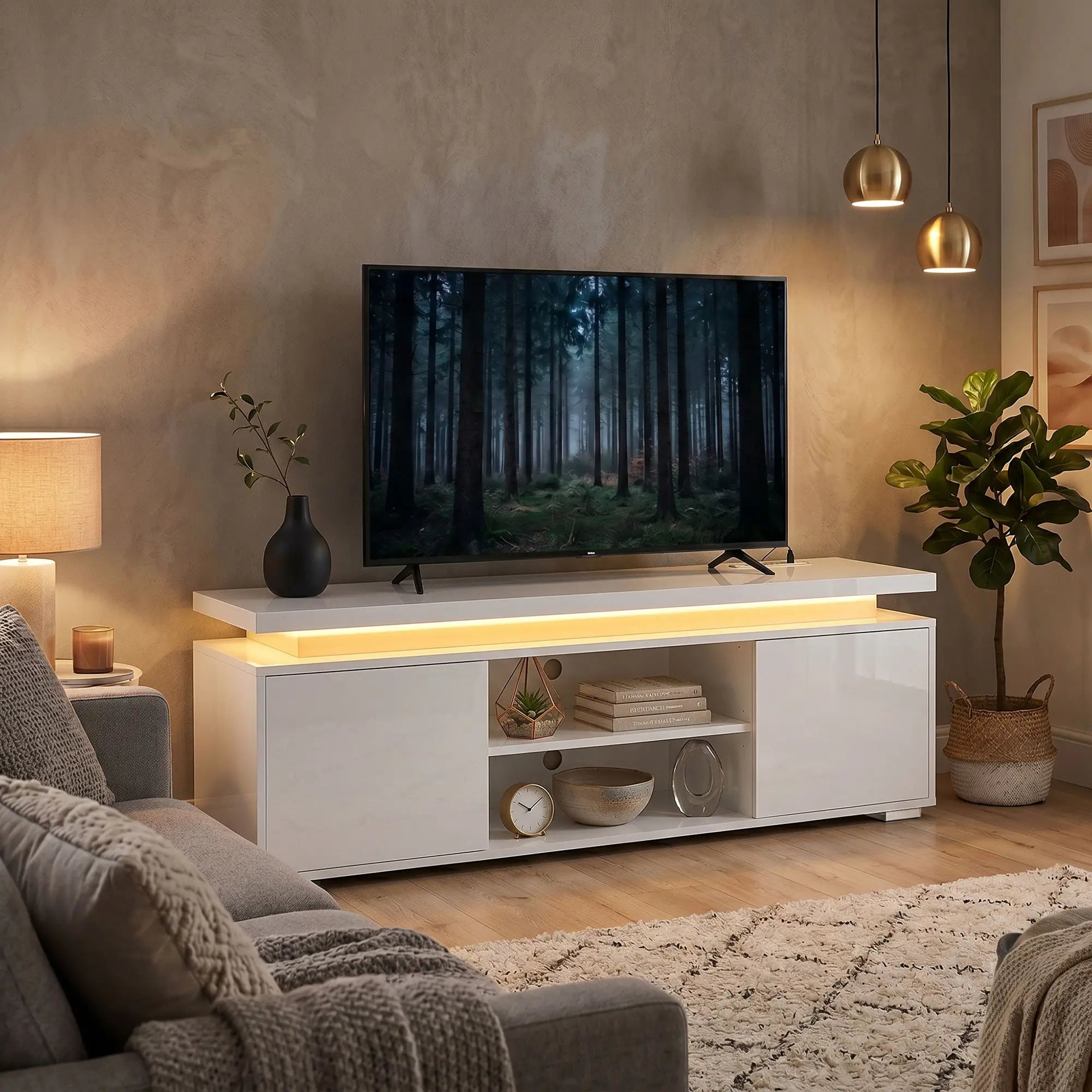 TV Stand For TVs Up To 60 In, Led Lights, Power Outlets, High Gloss White, White TV Stands at Gallery Canada