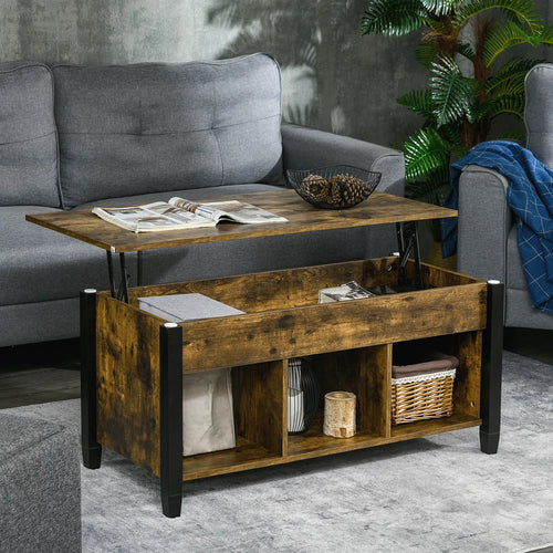 Lift Top Coffee Table, Hidden Storage, 3 Shelves, Rustic Brown