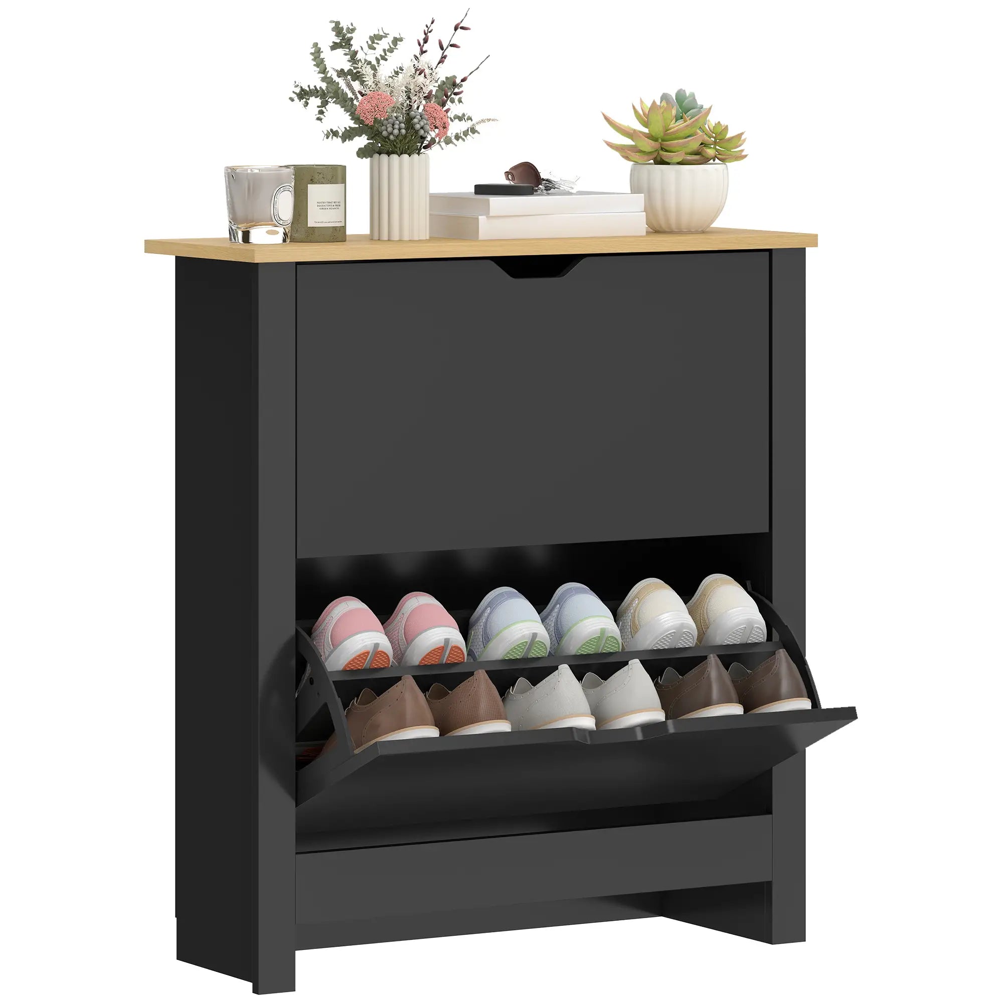 Shoe Storage Cabinet, 2 Flip Drawers, Adjustable Shelves, 8-12 Pairs, Black Shoe Storage Cabinets & Racks at Gallery Canada