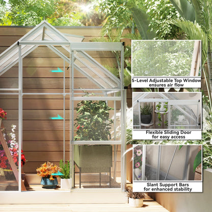 6' x 4' Walk-In Greenhouse, Polycarbonate, Sliding Door, Window, Aluminium Frame, Silver Walk In Greenhouses at Gallery Canada
