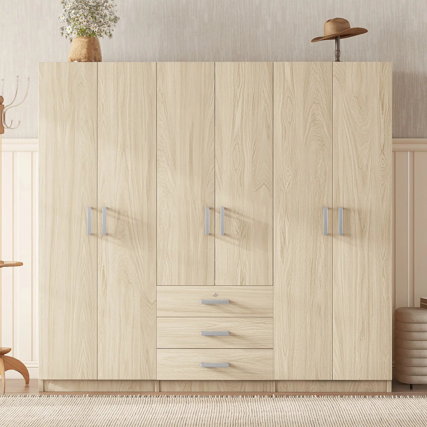 Wooden Wardrobe, 3 Drawers, MDF, Silver Handles, 71" L x 19" W x 68" H, Natural Clothing Storage at Gallery Canada