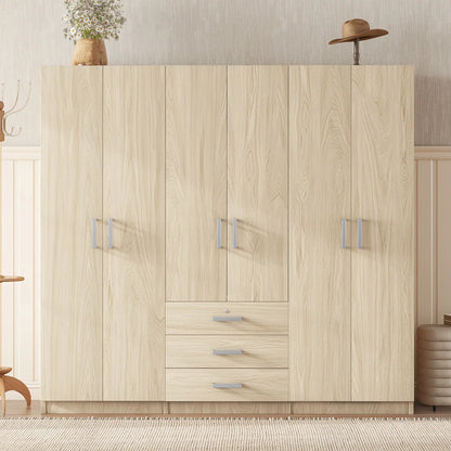 Wooden Wardrobe, 3 Drawers, MDF, Silver Handles, 71" L x 19" W x 68" H, Natural Clothing Storage at Gallery Canada