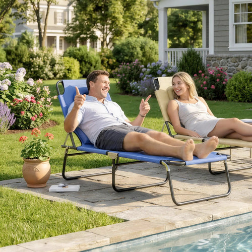Adjustable Outdoor Lounge Chair, Folding Chaise with Face Hole, Blue