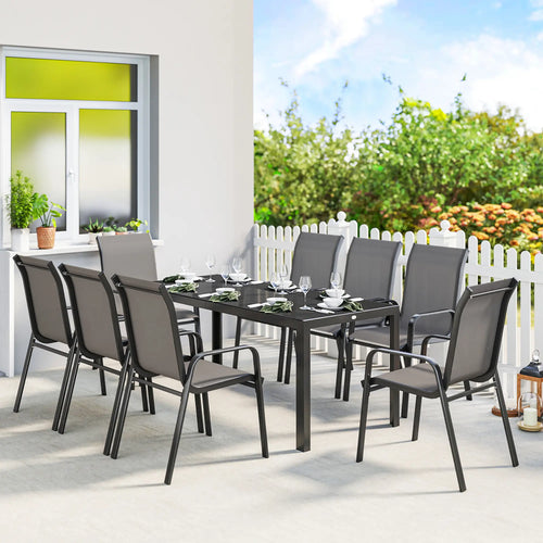 9-Piece Patio Dining Set, Glass Top Table, Stackable Chairs, Dark Grey
