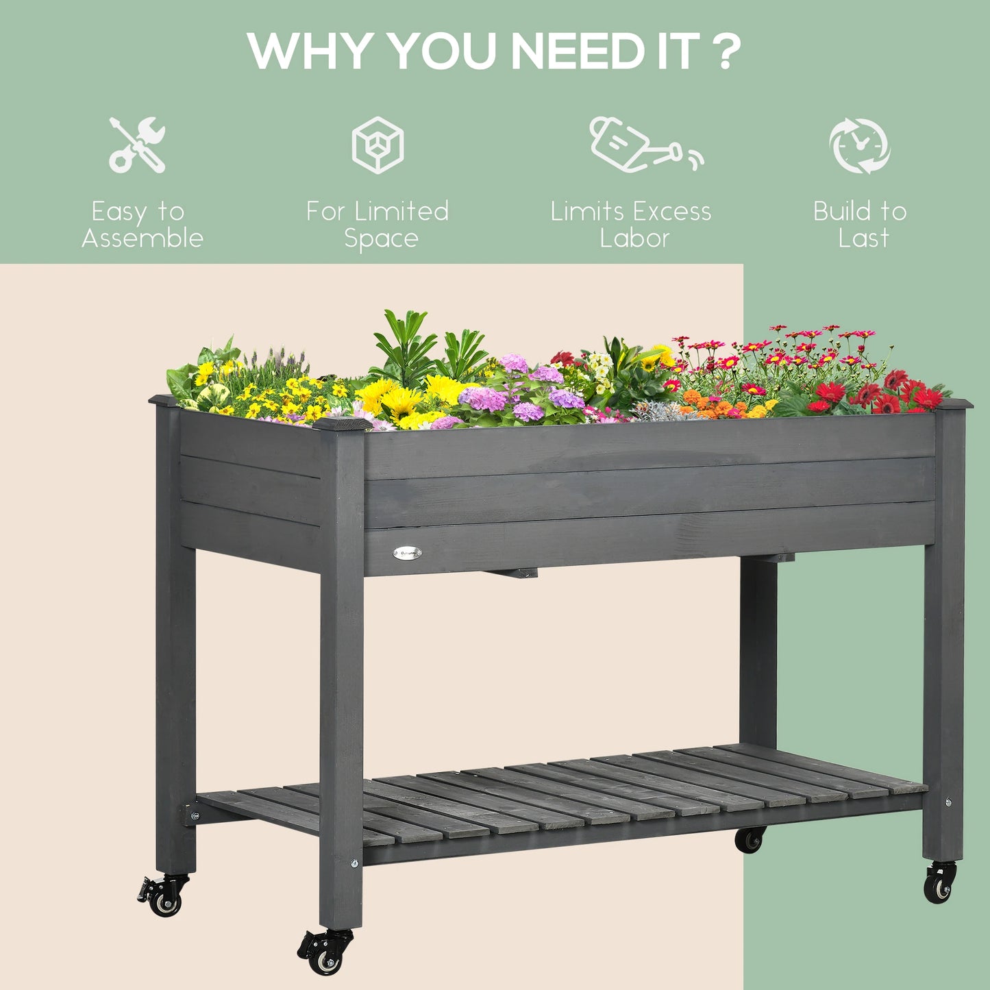 Mobile Raised Garden Bed, Wood Planter Box w/ Wheels, Storage Shelf, Dark Grey Elevated Garden Beds at Gallery Canada