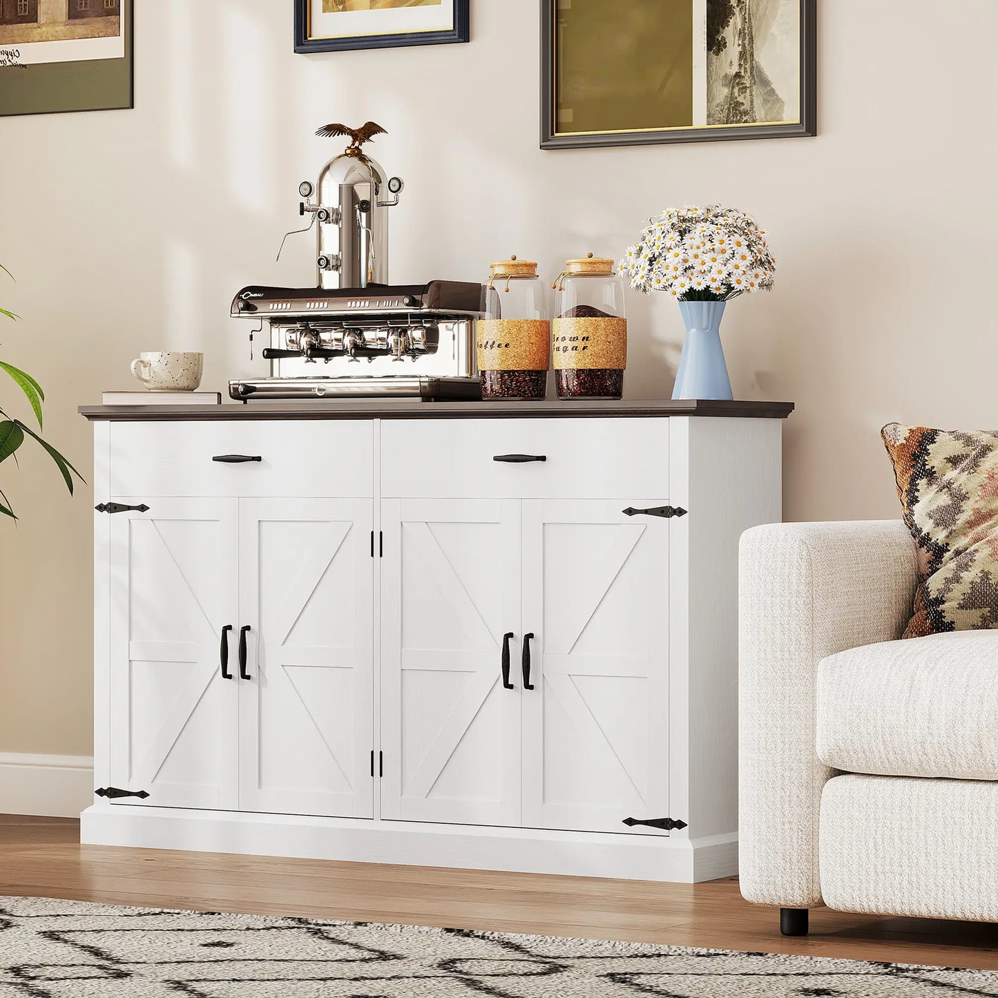 55" Buffet Cabinet, Farmhouse Sideboard, 1.2" Thick Top, White Storage Cabinets at Gallery Canada