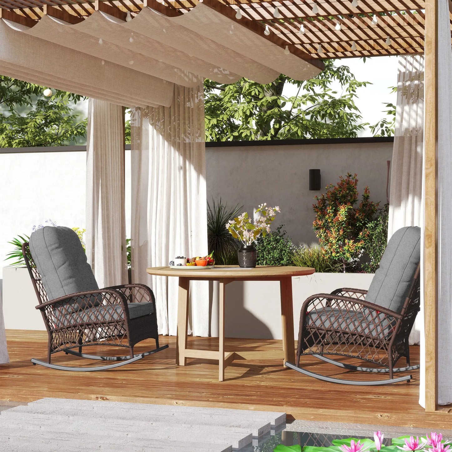 Outdoor Wicker Rattan Rocking Chair Set of 2, Patio Rocker with Cushions, Grey Outdoor Rocking Chairs at Gallery Canada