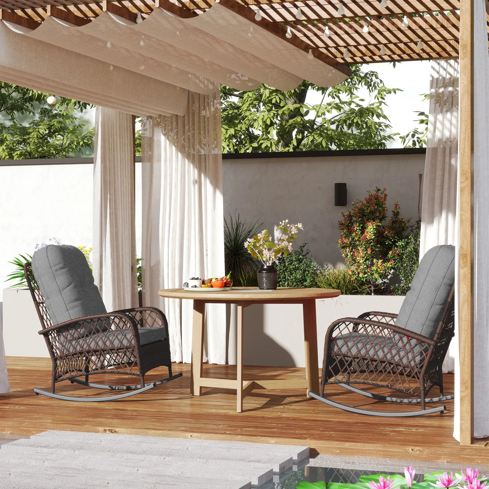 Outdoor Wicker Rattan Rocking Chair Set of 2, Patio Rocker with Cushions, Grey Outdoor Rocking Chairs at Gallery Canada