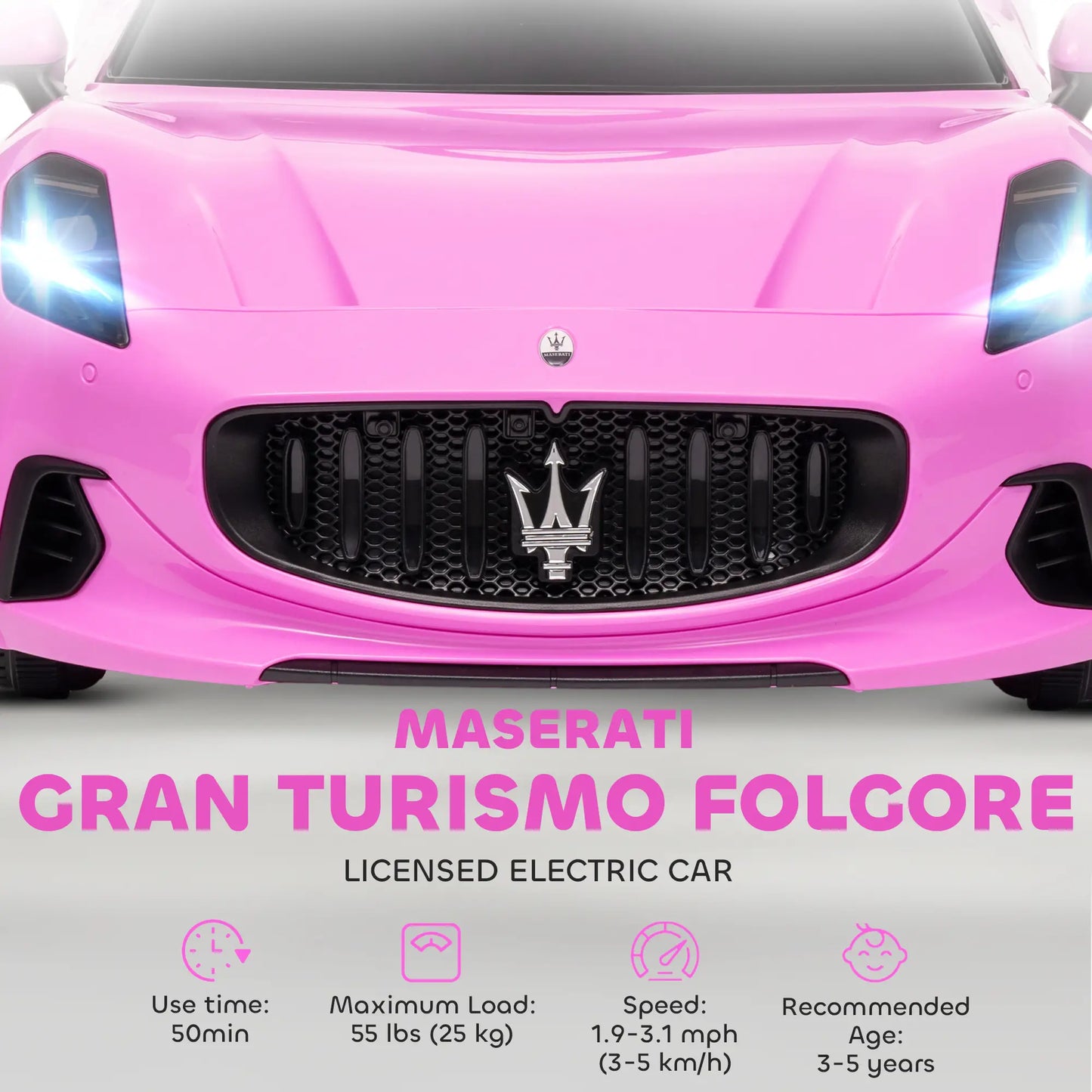12V Maserati Gran Turismo Licensed Kids Electric Car w/ Remote Control, Soft Start, LED Lights, Music, Horn, MP3, Pink Electric Toy Cars at Gallery Canada