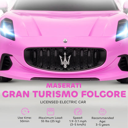 12V Maserati Gran Turismo Licensed Kids Electric Car w/ Remote Control, Soft Start, LED Lights, Music, Horn, MP3, Pink Electric Toy Cars at Gallery Canada