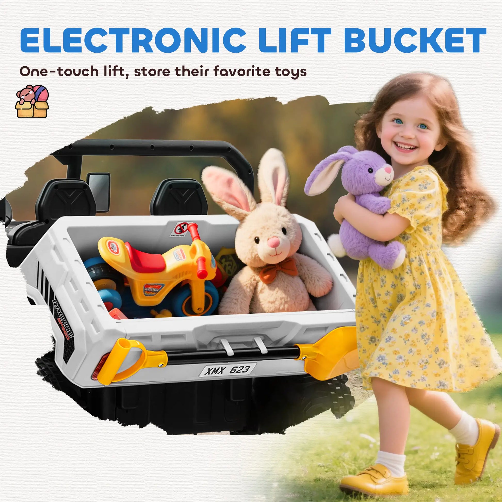 12V Ride On Car, Electric Bucket, Two-Seater, White Electric Toy Cars at Gallery Canada