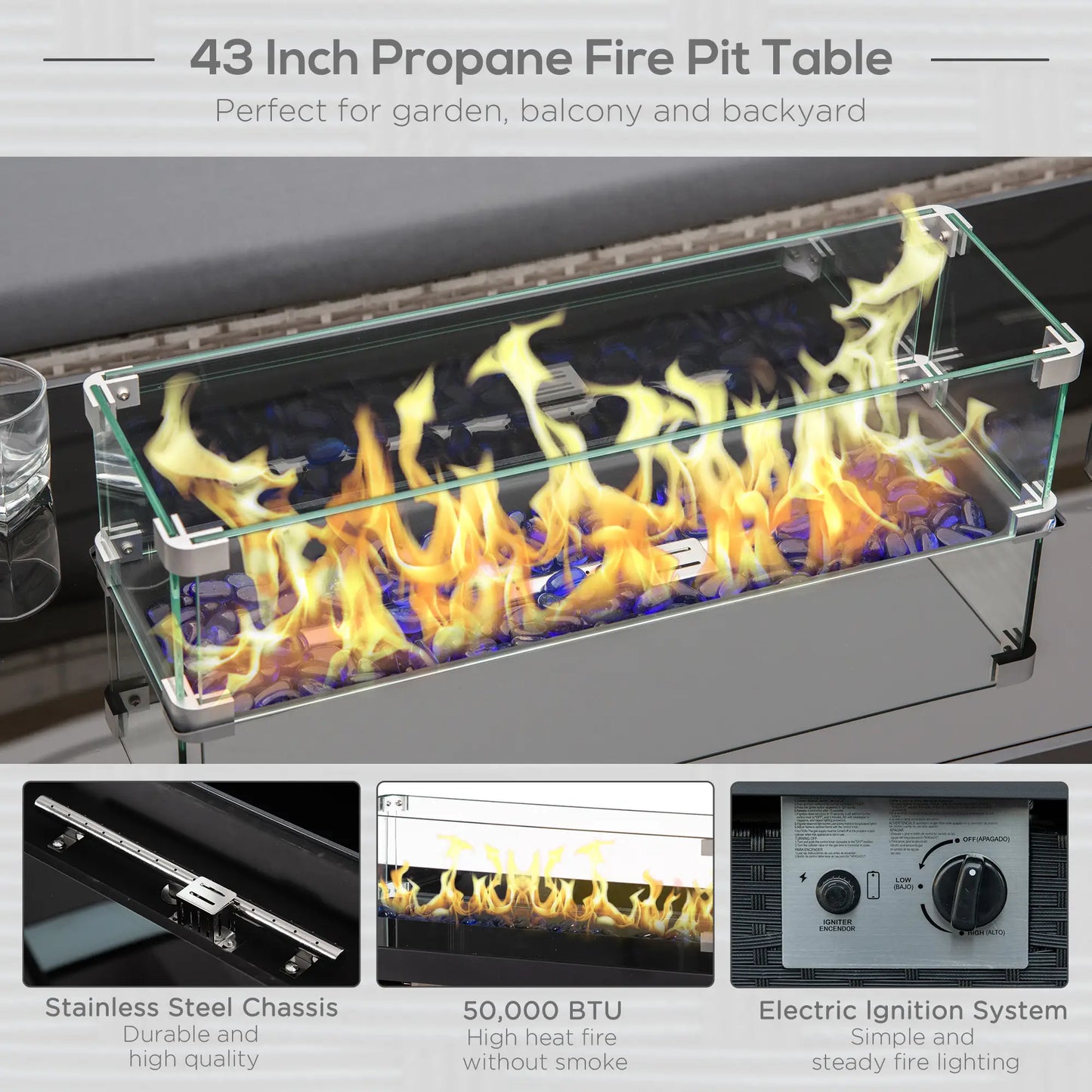 43in Propane Fire Pit Table, 50,000 BTU, Blue Glass Rock, Black Fire Pits at Gallery Canada