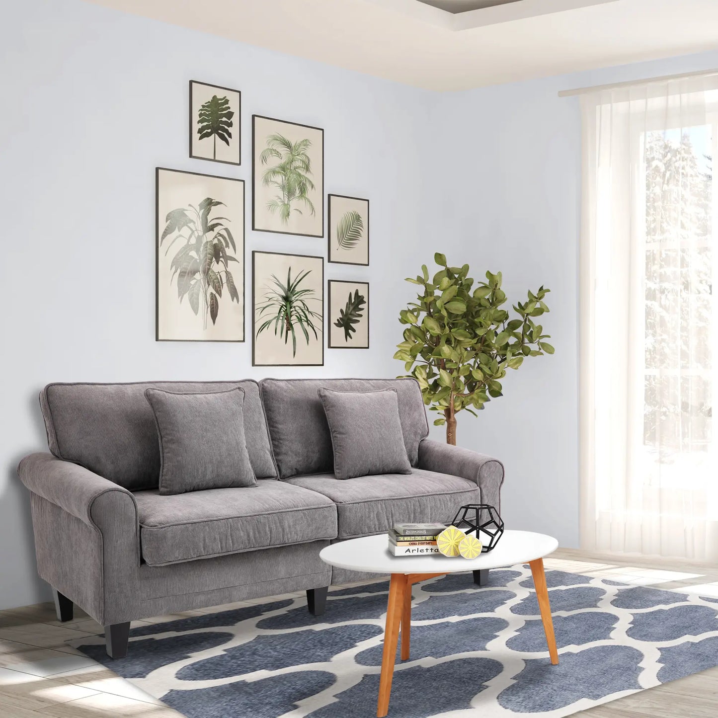 Modern 3 Seater Sofa, Corduroy Fabric, Pine Wood Legs, Light Grey 3-Seater Sofas at Gallery Canada