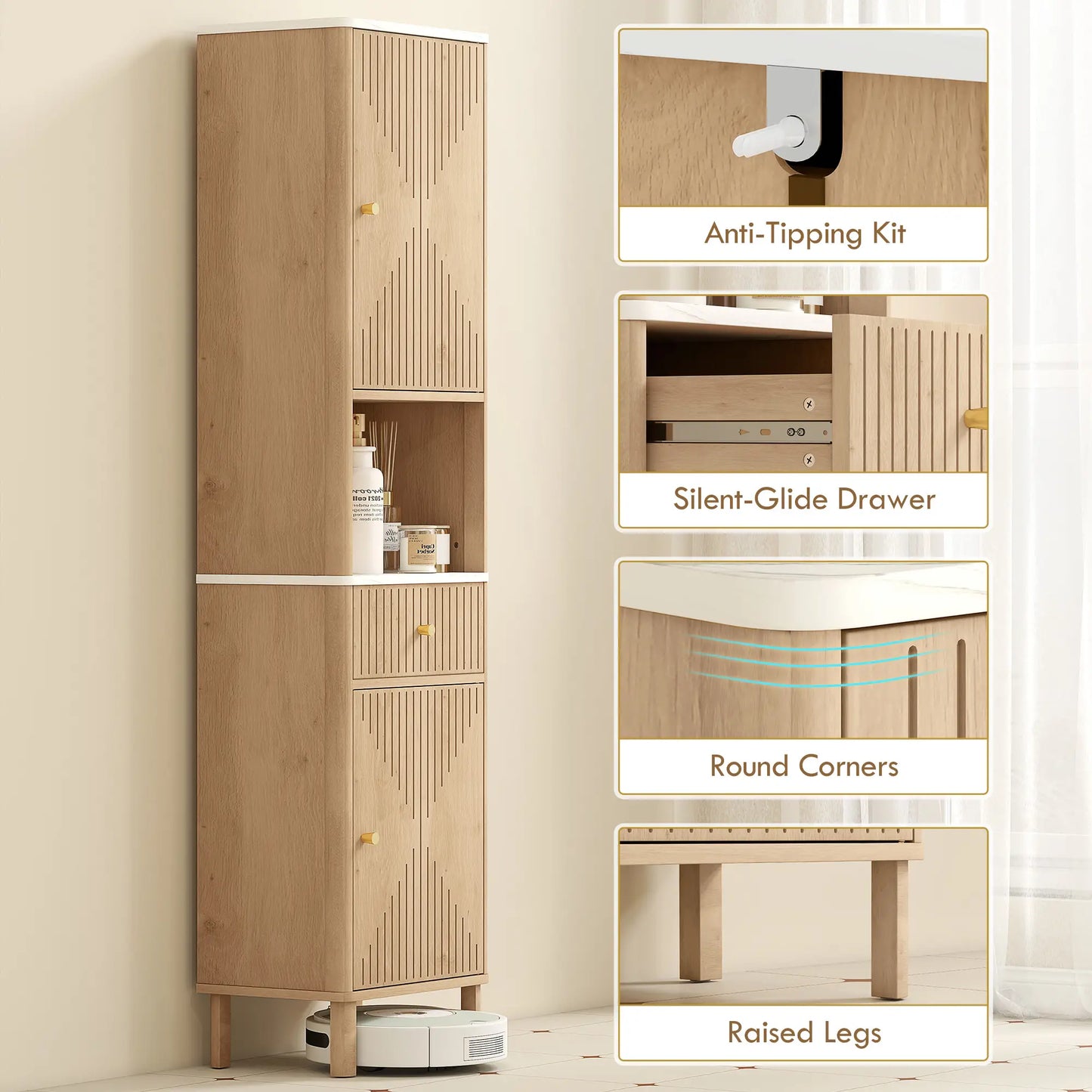 66 in Tall Bathroom Cabinet With Drawer, Oak