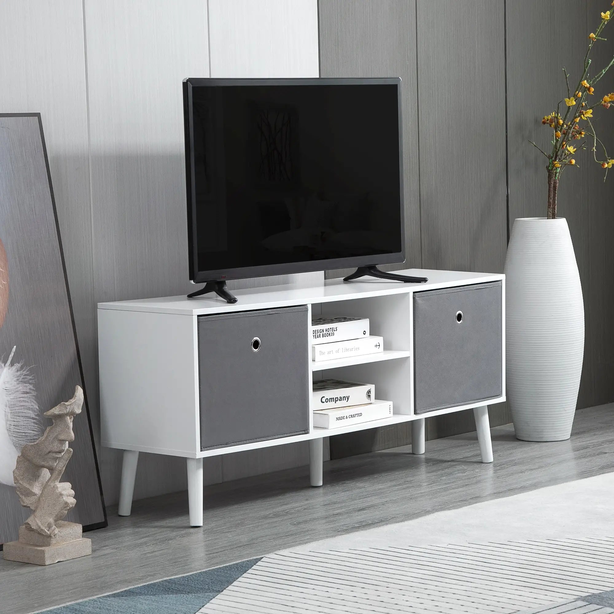 Modern TV Stand with Foldable Drawers, Shelves, White TV Stands at Gallery Canada