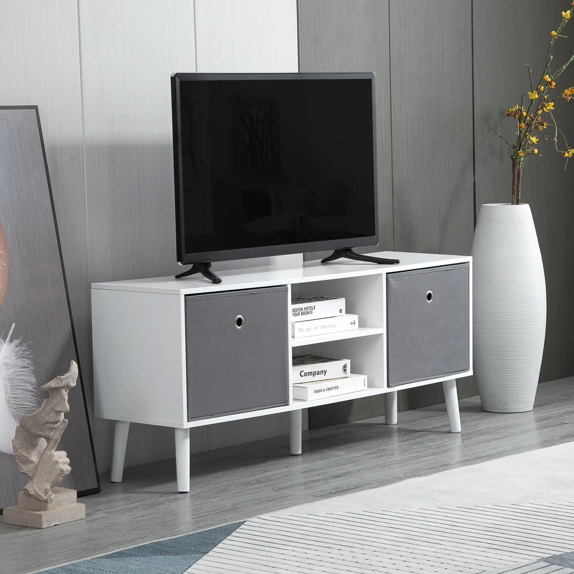 Modern TV Stand with Foldable Drawers, Shelves, White TV Stands at Gallery Canada