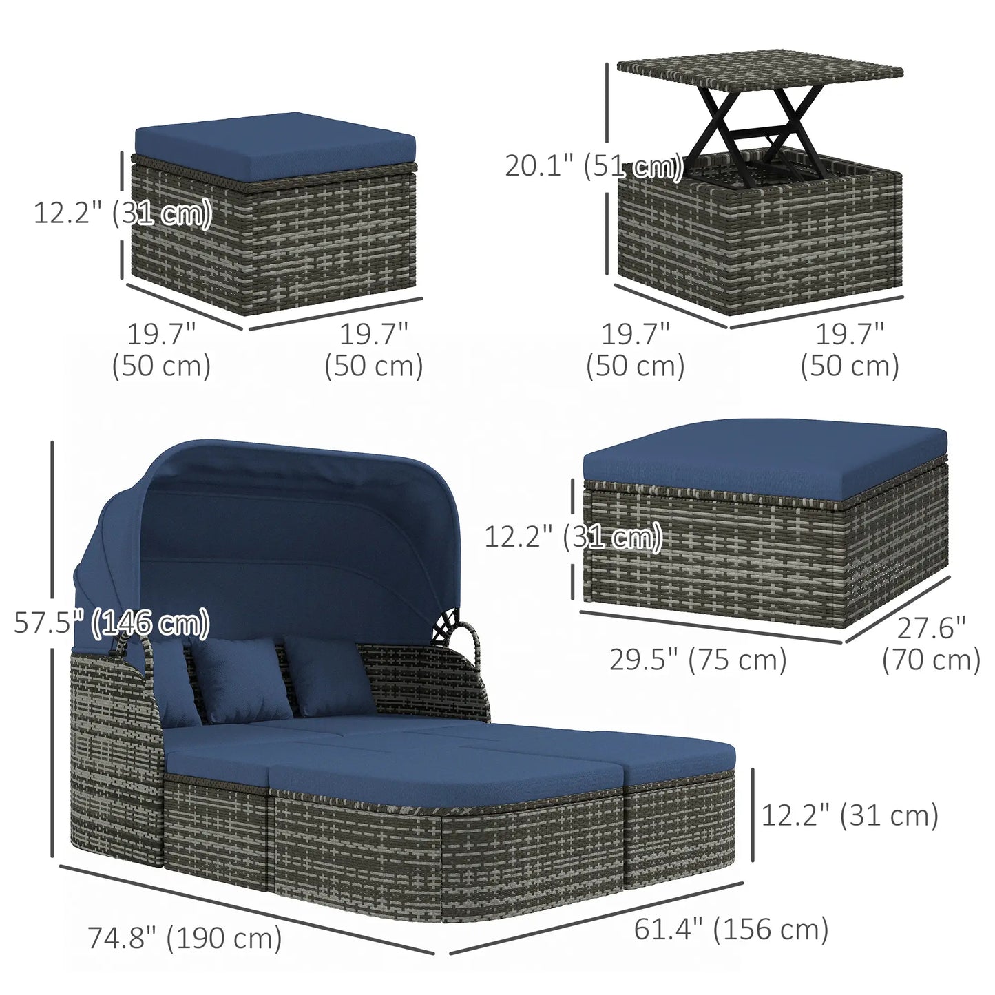 6-Piece Patio Set, PE Rattan Outdoor Daybed, Canopy, Lift Up Table Patio Furniture Sets at Gallery Canada