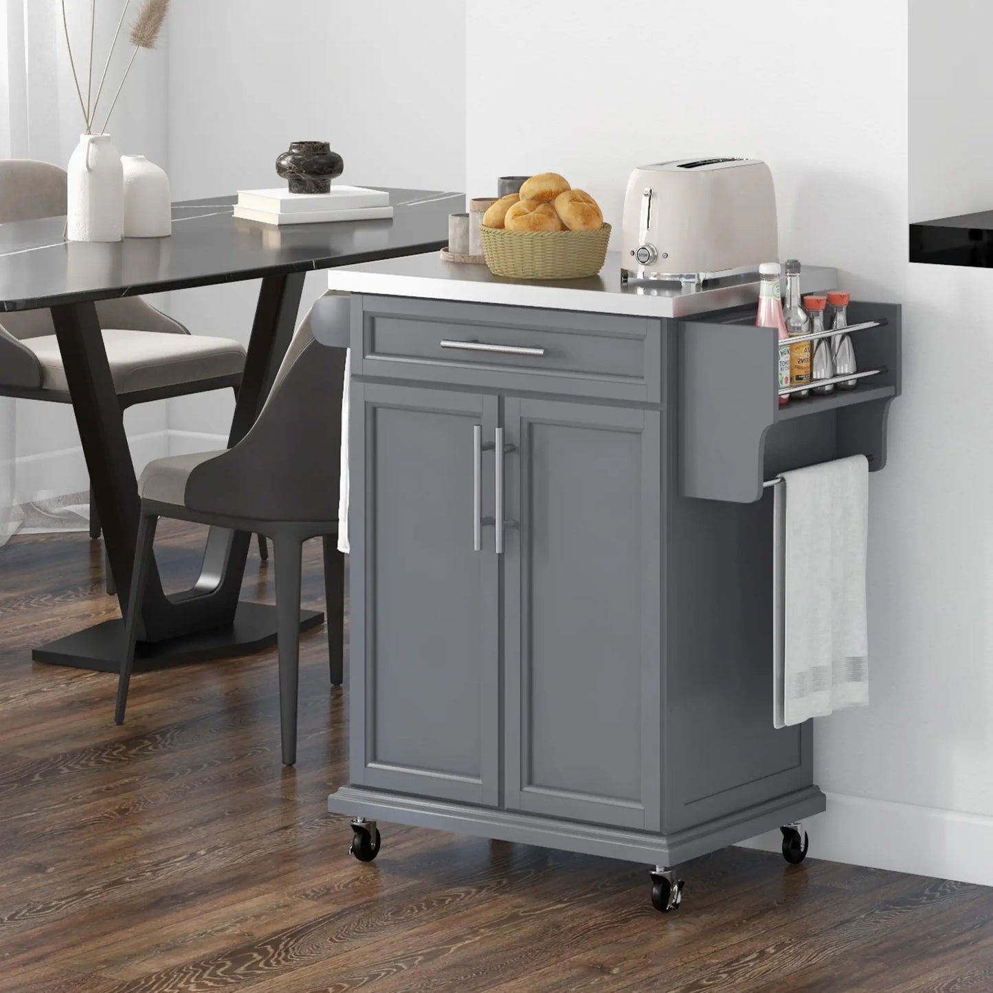 Kitchen Island, Stainless Steel Top, Rolling Cart with Drawer, Grey Kitchen Islands & Kitchen Carts at Gallery Canada