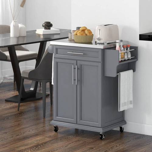 Kitchen Island, Stainless Steel Top, Rolling Cart with Drawer, Grey