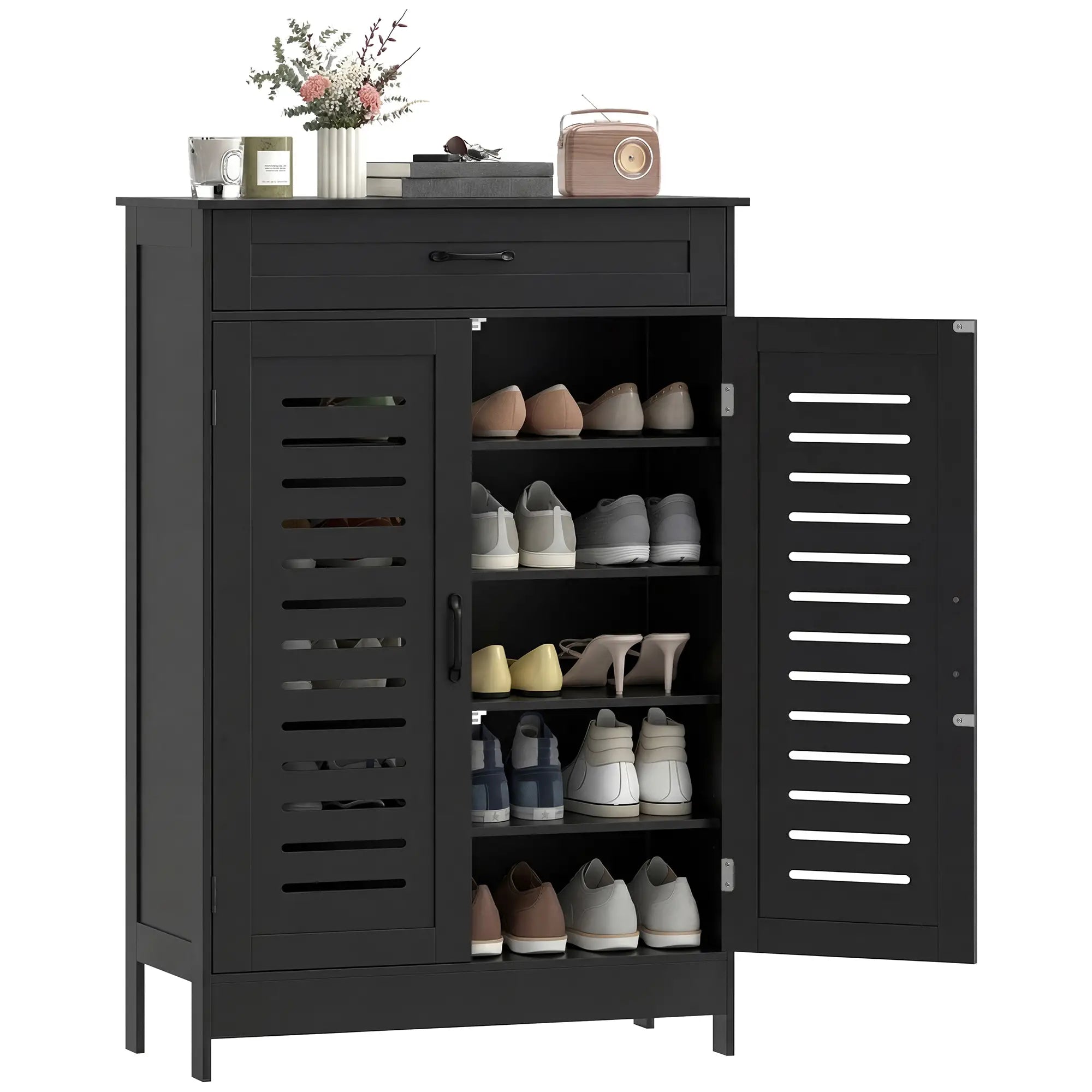 Shoe Cabinet With Louvered Doors, Drawer, Adjustable Shelves, Black Shoe Storage Cabinets & Racks at Gallery Canada