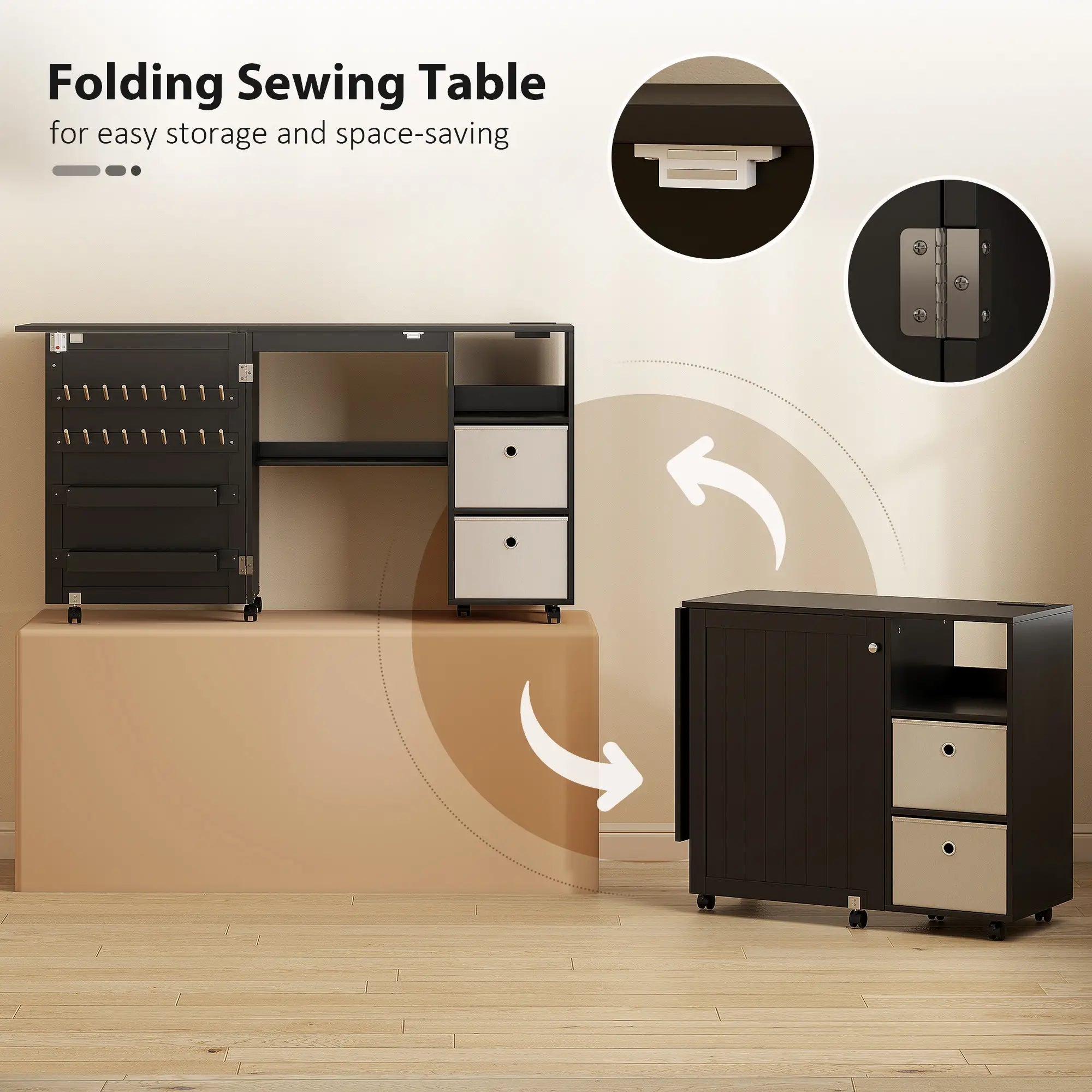 Rolling Sewing Machine Table, Folding Craft Table with Drawers, Bins, Pegs, Black Sewing Cabinets at Gallery Canada
