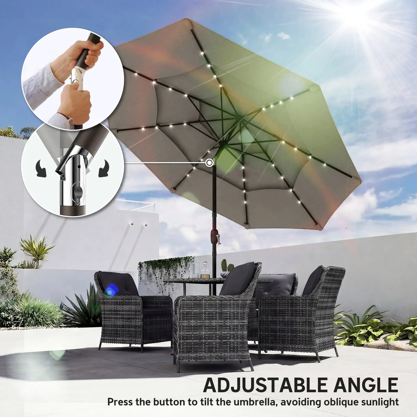 9.3 ft Outdoor Patio Umbrella, Solar LED Lights, Cover, Grey Sun Umbrellas at Gallery Canada
