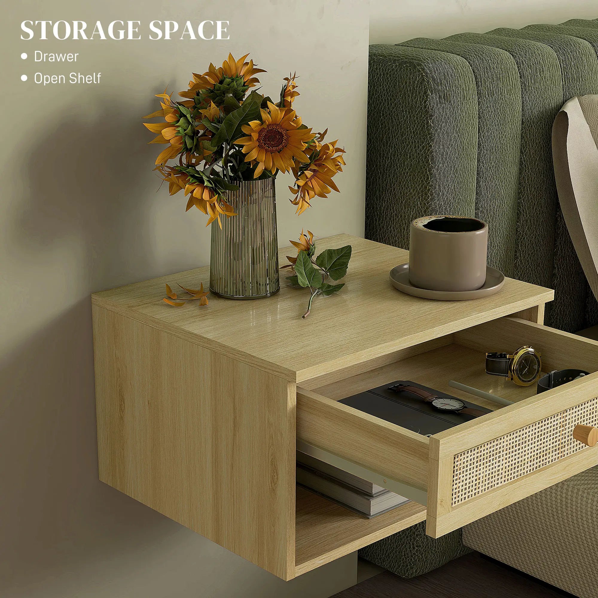 Floating Nightstand Set of 2, Wall Mounted Bedside Table with Drawer, Natural Wood Bedside Tables at Gallery Canada