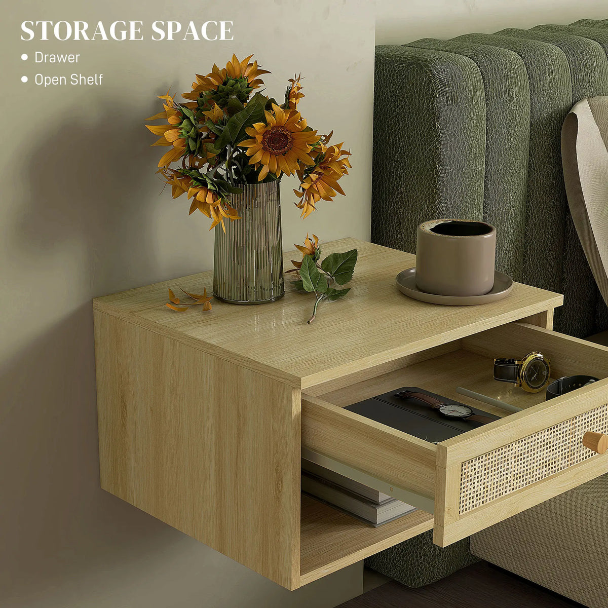 Floating Nightstand Set of 2, Wall Mounted Bedside Table with Drawer, Natural Wood Bedside Tables at Gallery Canada